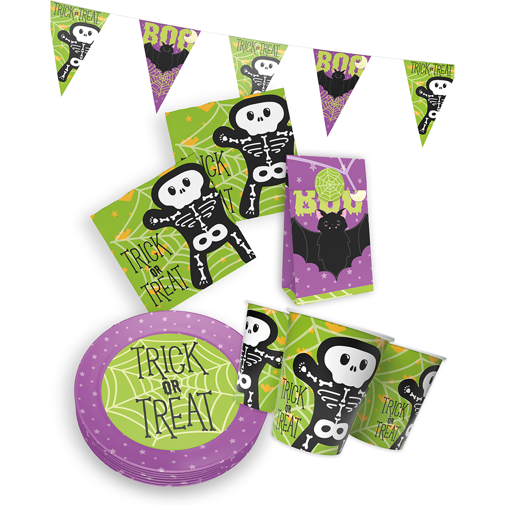 Halloween Skelett Motiv 2 5-teiliges Party-Set mit 8 Papptellern, 8 Pappbechern, 20 Servietten, 1 Wimpelkette und 10 Geschenktüten