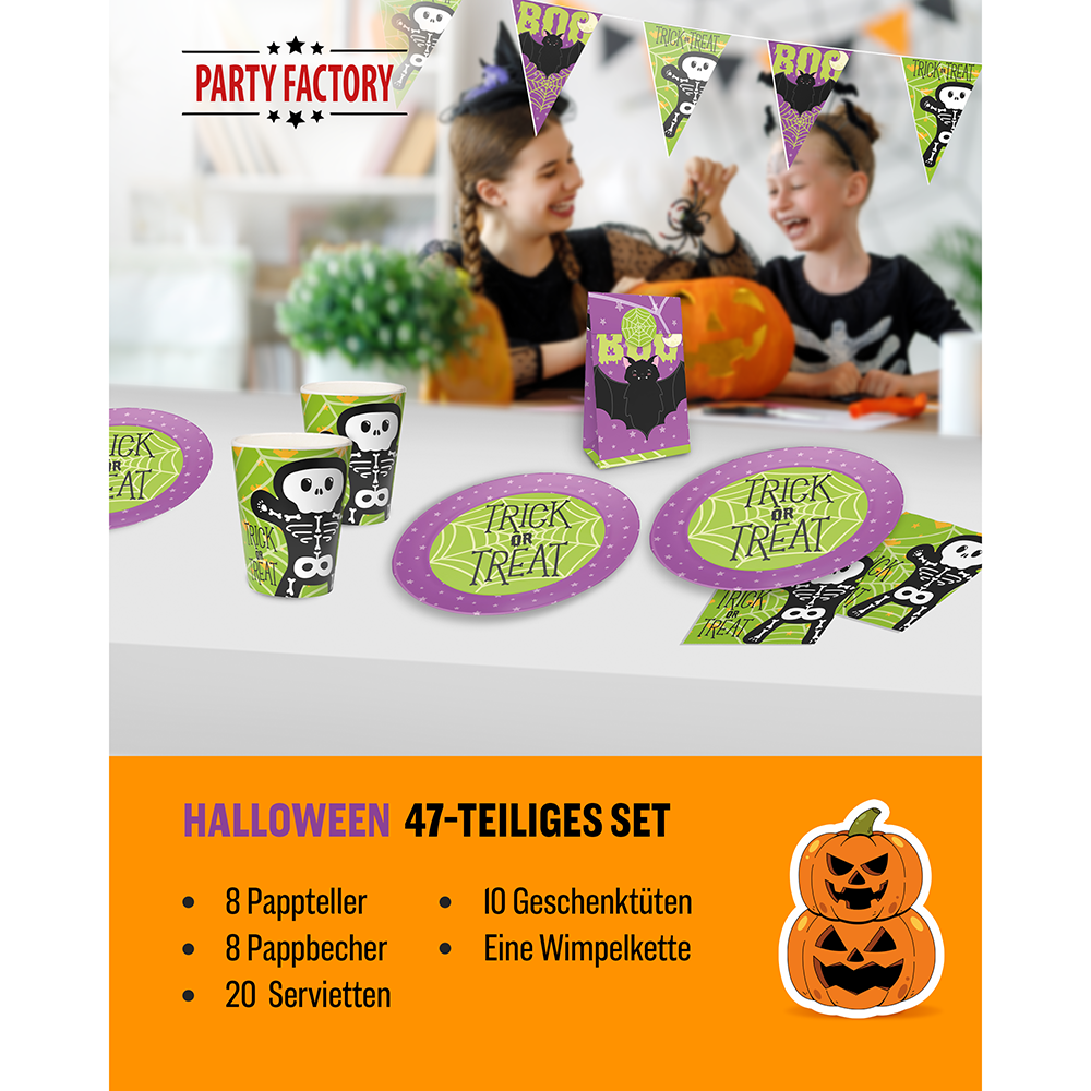 Halloween Skelett Motiv 2 5-teiliges Party-Set mit 8 Papptellern, 8 Pappbechern, 20 Servietten, 1 Wimpelkette und 10 Geschenktüten 2