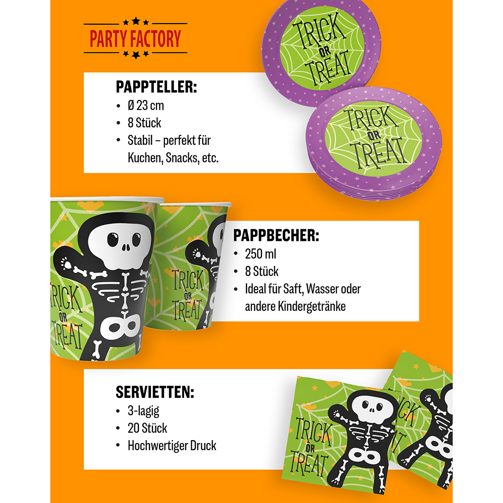 Halloween Skelett Motiv 2 5-teiliges Party-Set mit 8 Papptellern, 8 Pappbechern, 20 Servietten, 1 Wimpelkette und 10 Geschenktüten 4