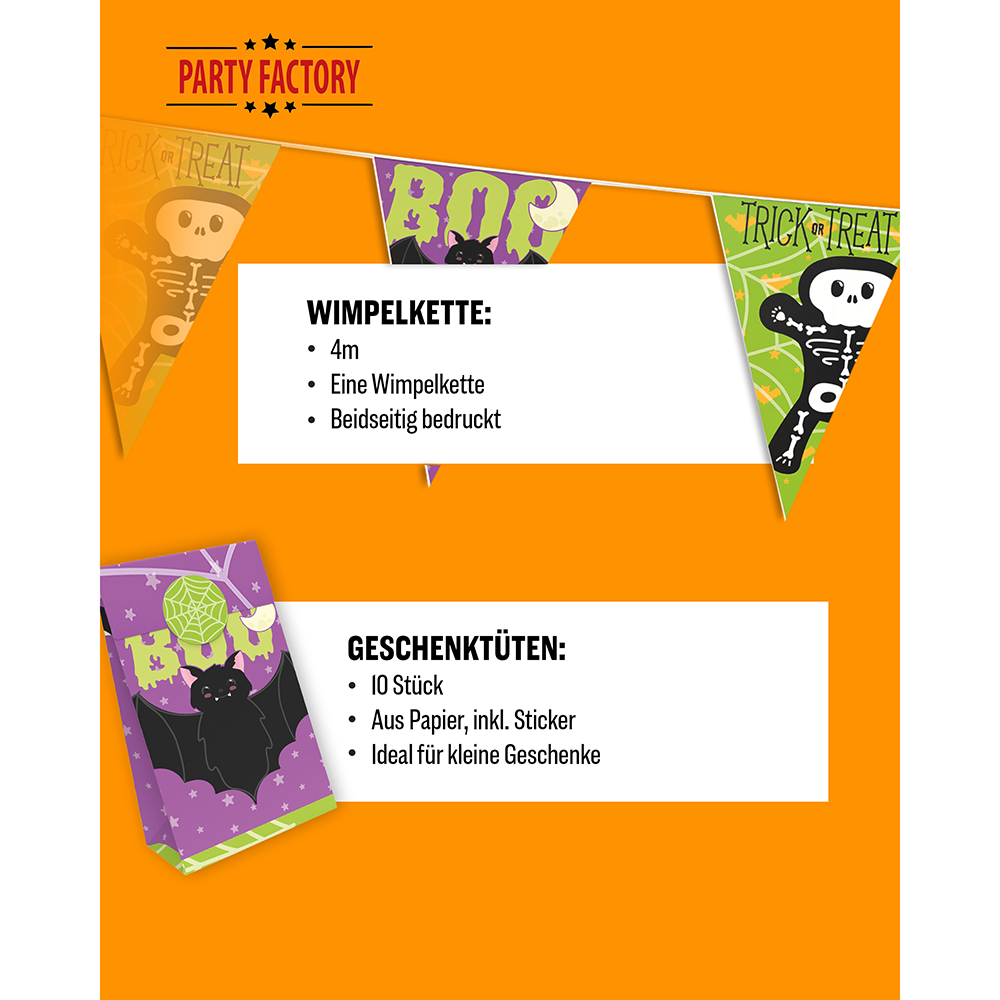 Halloween Skelett Motiv 2 5-teiliges Party-Set mit 8 Papptellern, 8 Pappbechern, 20 Servietten, 1 Wimpelkette und 10 Geschenktüten 5