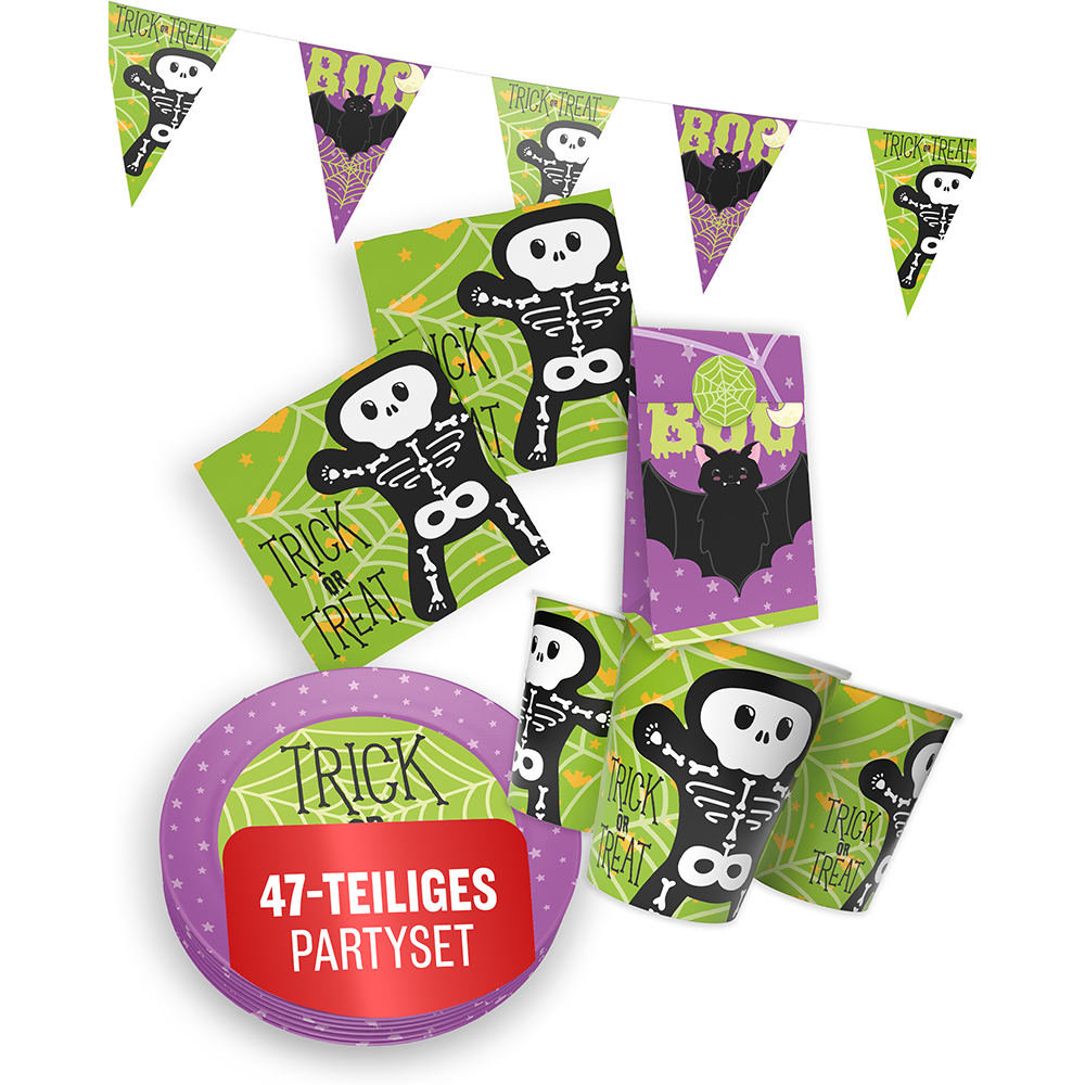 Halloween Skelett Motiv 2 5-teiliges Party-Set mit 8 Papptellern, 8 Pappbechern, 20 Servietten, 1 Wimpelkette und 10 Geschenktüten 8