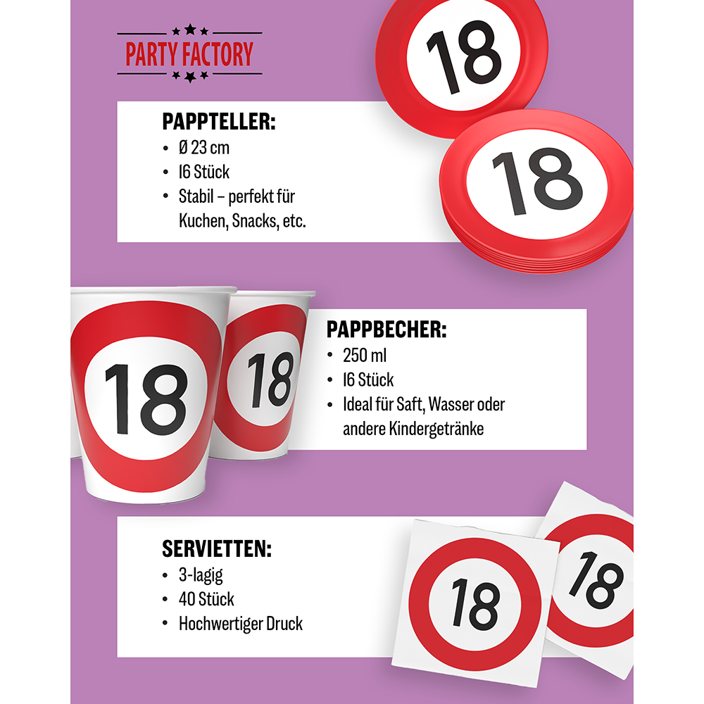 Happy Birthday 18 3-teiliges Party-Set mit 16 Papptellern, 16 Pappbechern und 40 Servietten 4