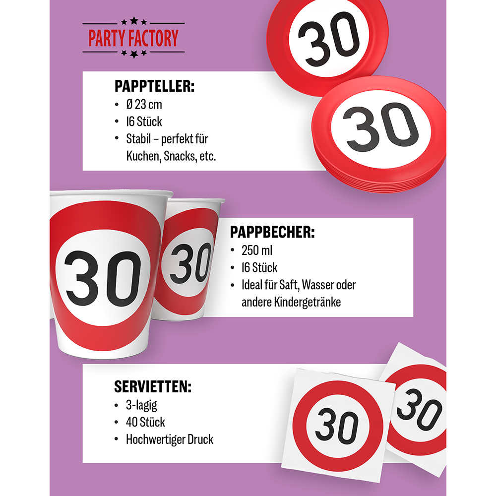 Happy Birthday 30 3-teiliges Party-Set mit 16 Papptellern, 16 Pappbechern und 40 Servietten 4
