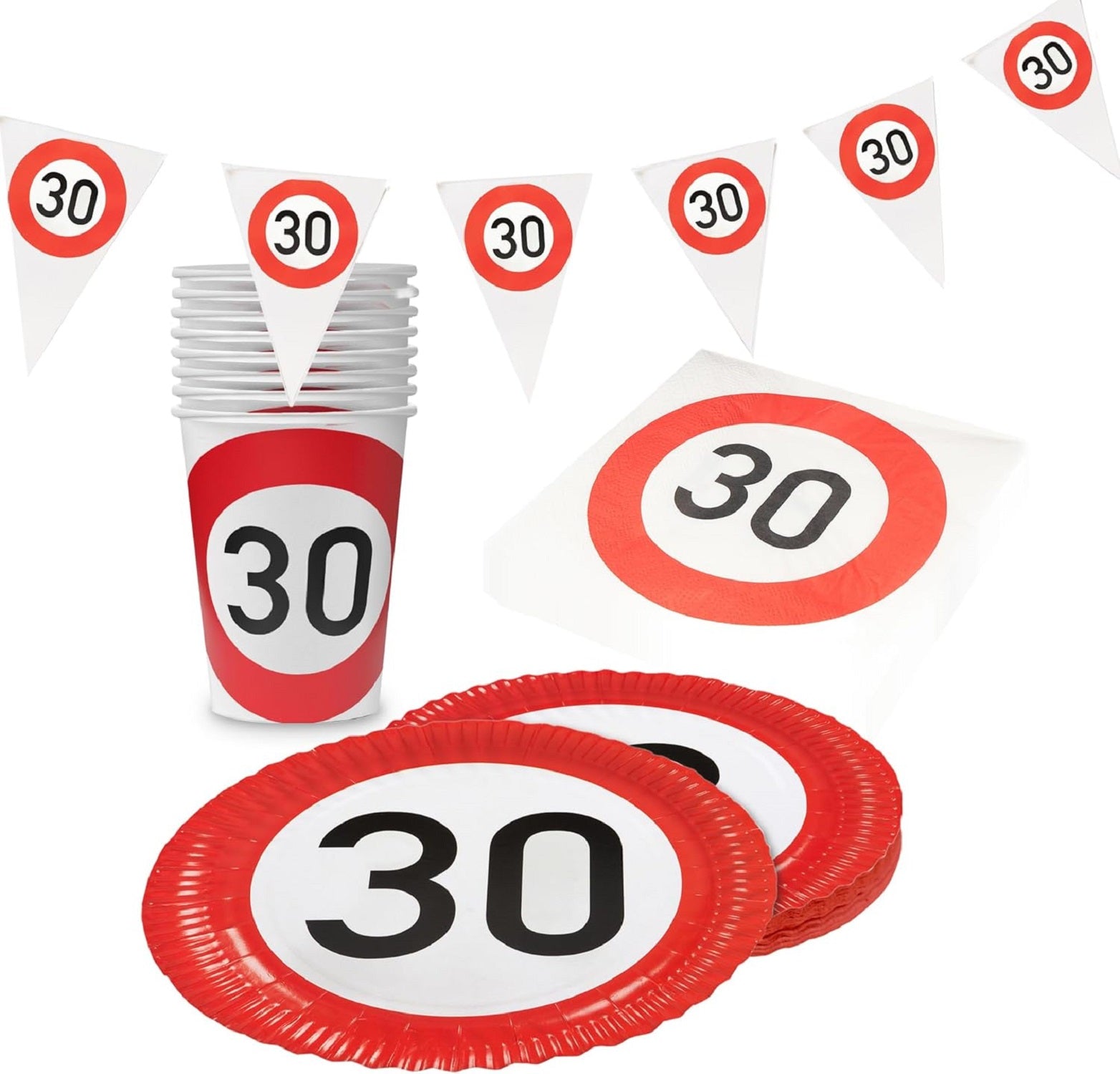 Happy Birthday 30 – 4-teiliges Set mit Tellern, Bechern, Servietten und Wimpelkette