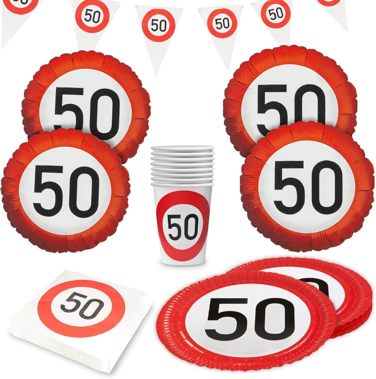 Happy Birthday 50 5-teiliges Party-Set mit 8 Papptellern 8 Pappbechern 20 Servietten 1 Wimpelkette und 4 Folienballons