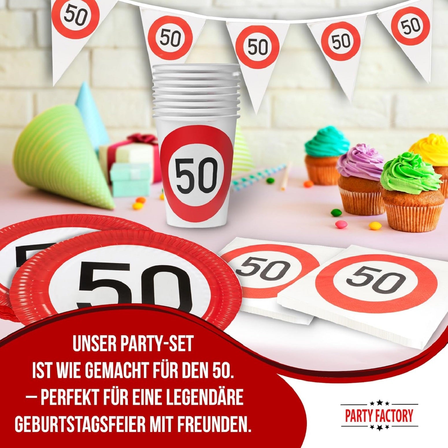 Happy Birthday 50 5-teiliges Party-Set mit 8 Papptellern 8 Pappbechern 20 Servietten 1 Wimpelkette und 4 Folienballons 2