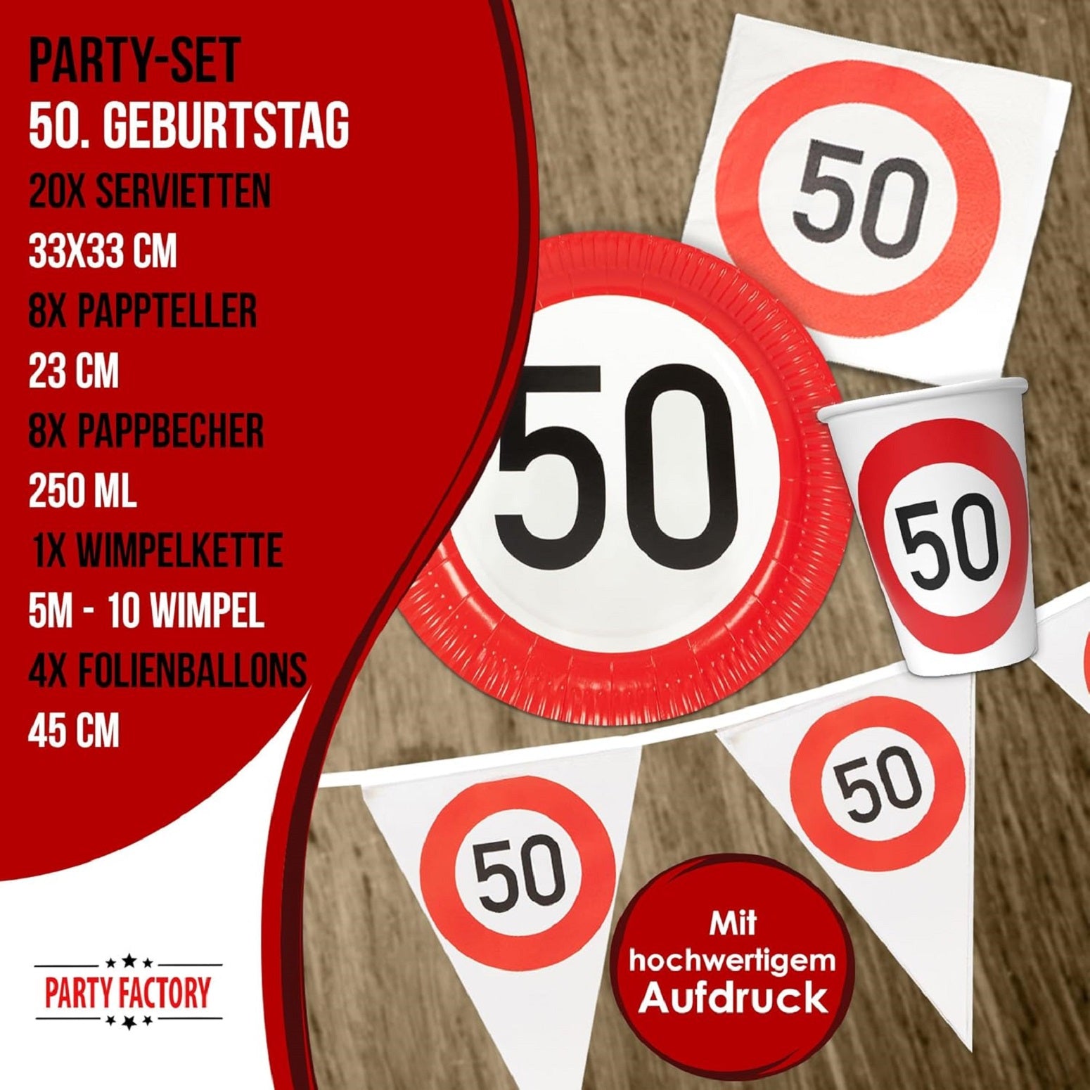 Happy Birthday 50 5-teiliges Party-Set mit 8 Papptellern 8 Pappbechern 20 Servietten 1 Wimpelkette und 4 Folienballons 4