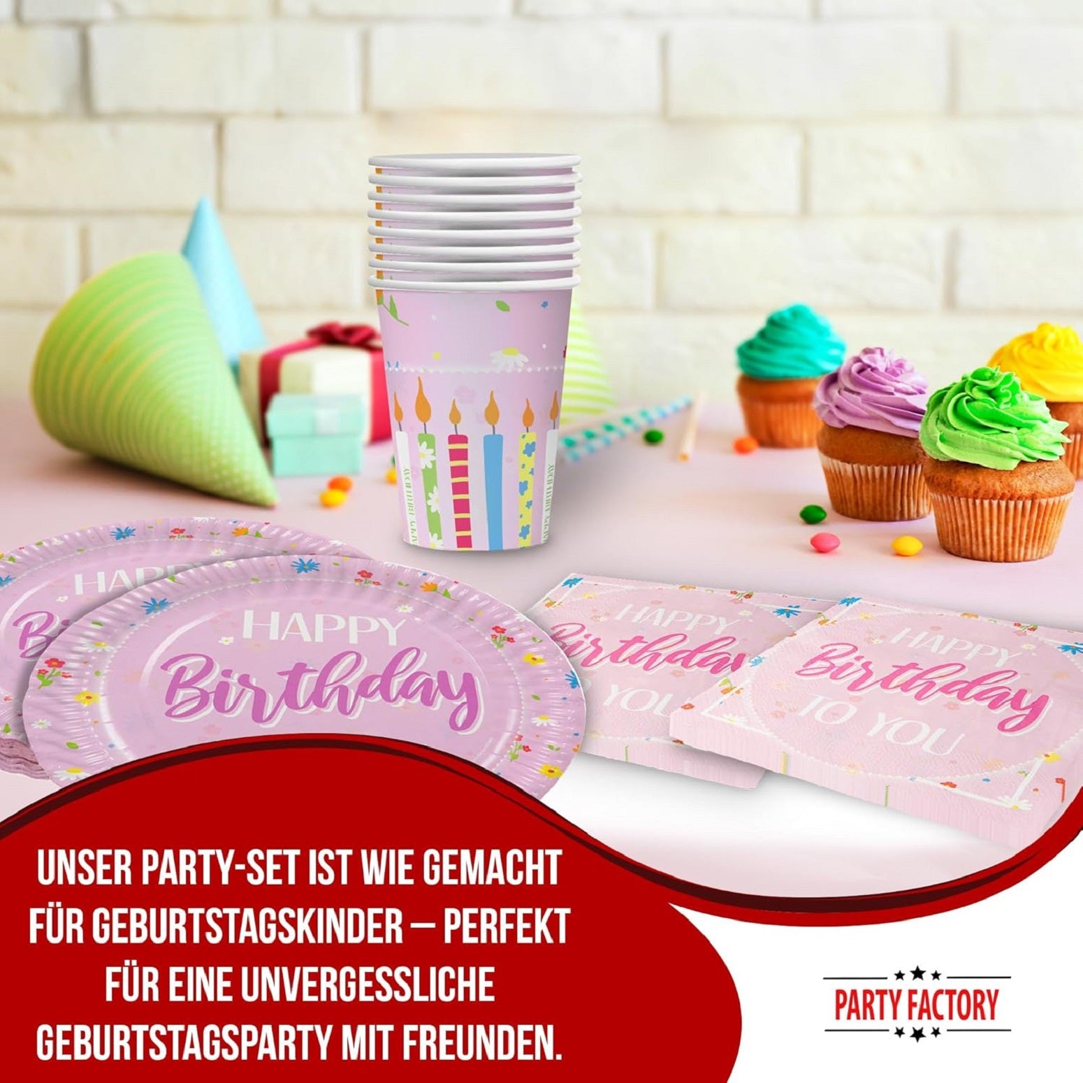 Happy Birthday Rosa 36-teiliges Party-Set mit Tellern Bechern Servietten Rosa Party 2