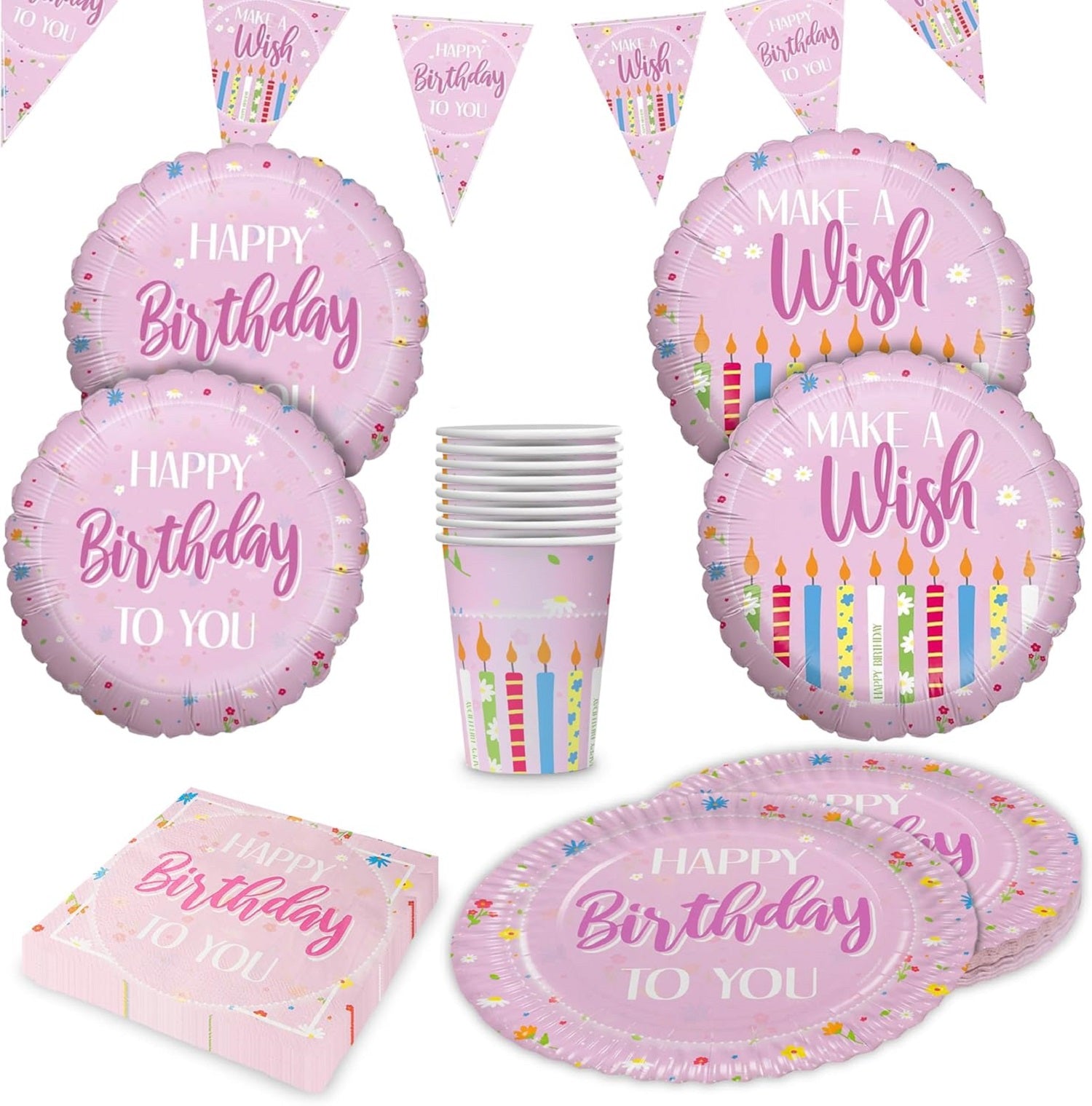 Happy Birthday Rosa 5-teiliges Party-Set mit 8 Papptellern 8 Pappbechern 20 Servietten 1 Wimpelkette und 4 Folienballons
