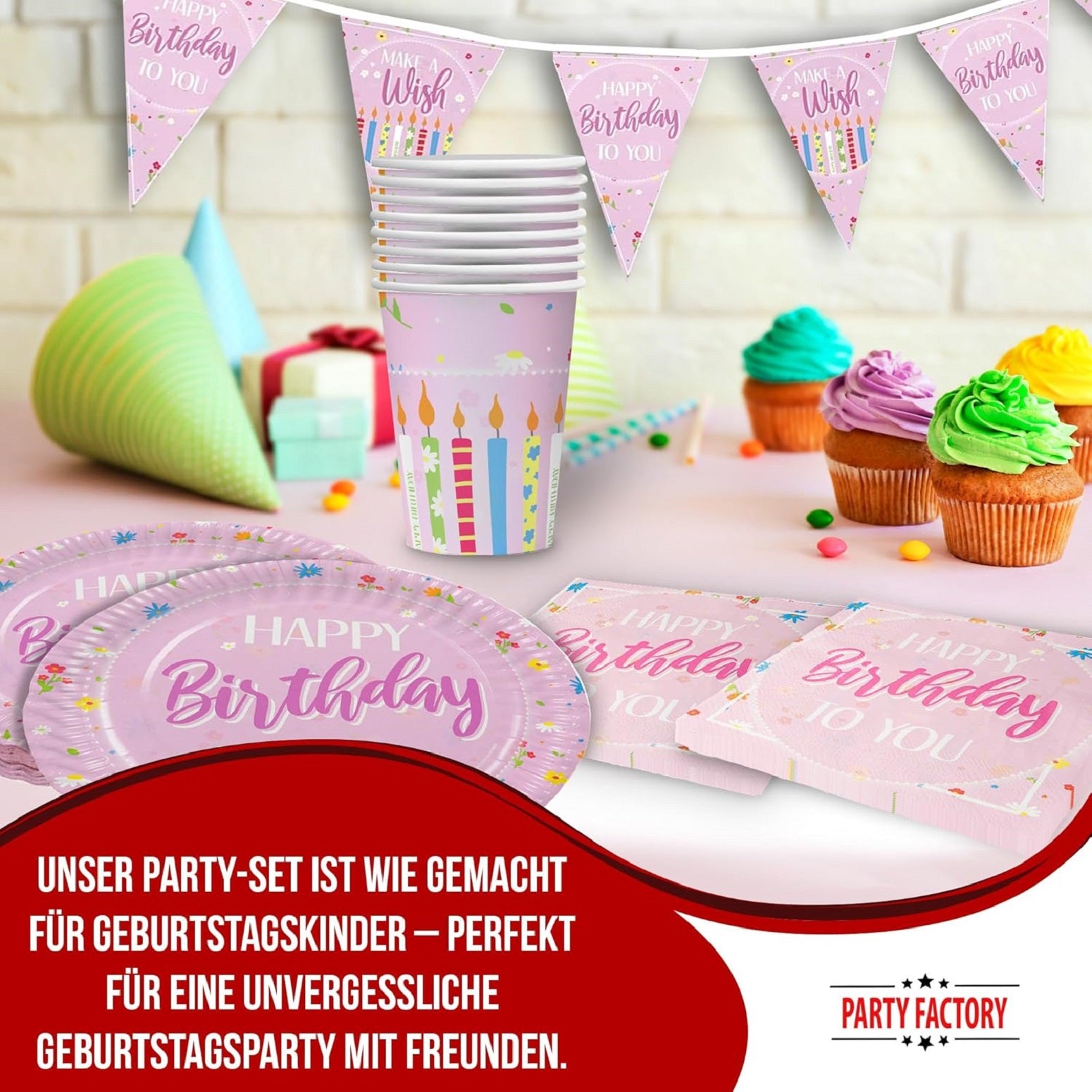 Happy Birthday Rosa 5-teiliges Party-Set mit 8 Papptellern 8 Pappbechern 20 Servietten 1 Wimpelkette und 4 Folienballons 2