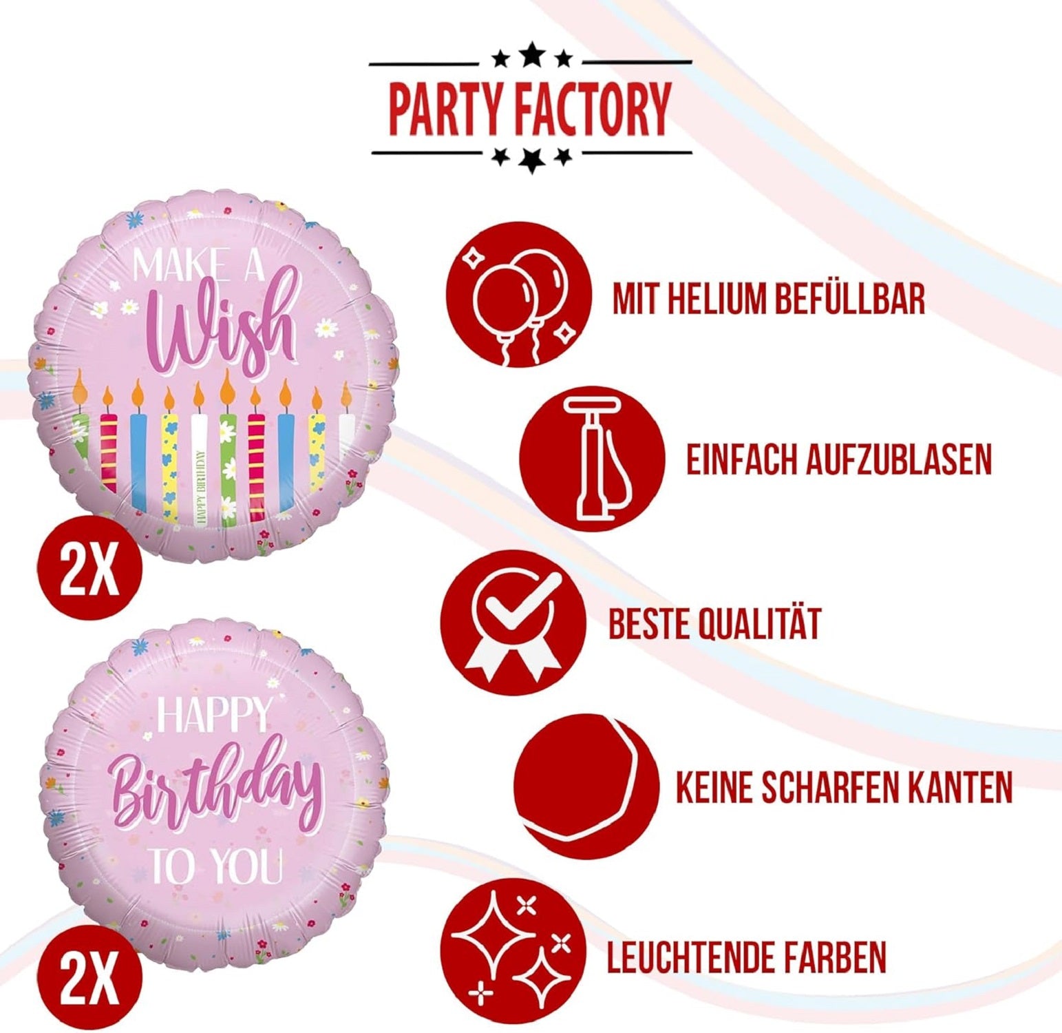 Happy Birthday Rosa 5-teiliges Party-Set mit 8 Papptellern 8 Pappbechern 20 Servietten 1 Wimpelkette und 4 Folienballons 5
