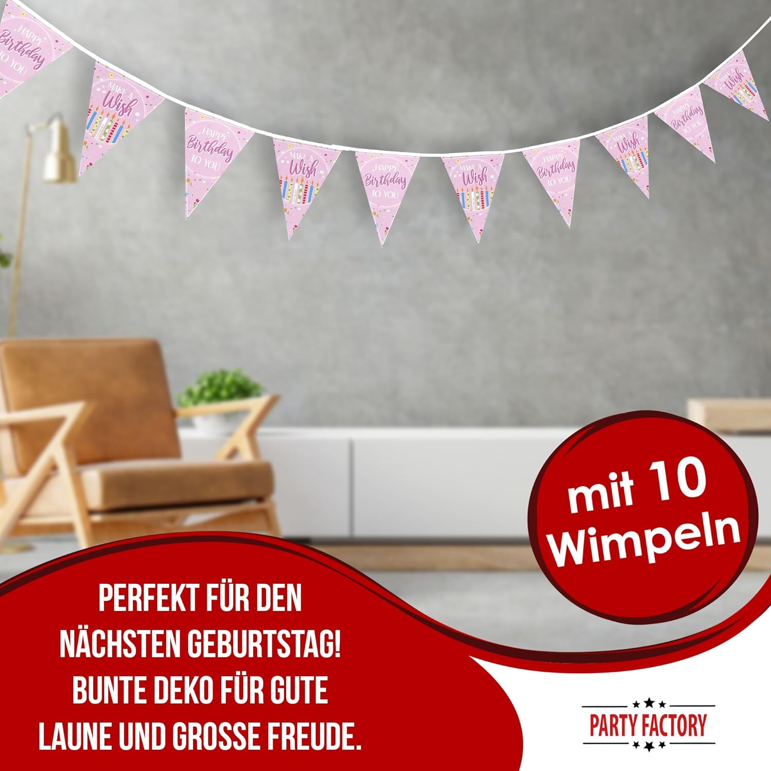 Happy Birthday Wimpelkette zartes rosa Geburtstagsgirlande 4–5 m 2