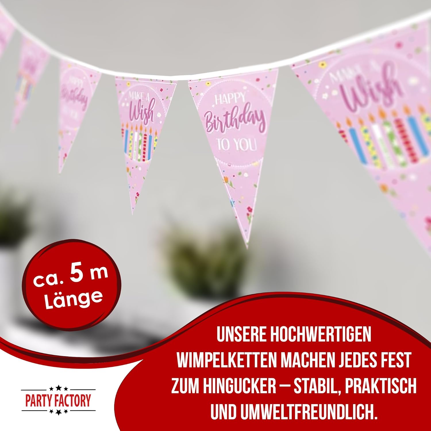 Happy Birthday Wimpelkette zartes rosa Geburtstagsgirlande 4–5 m 3