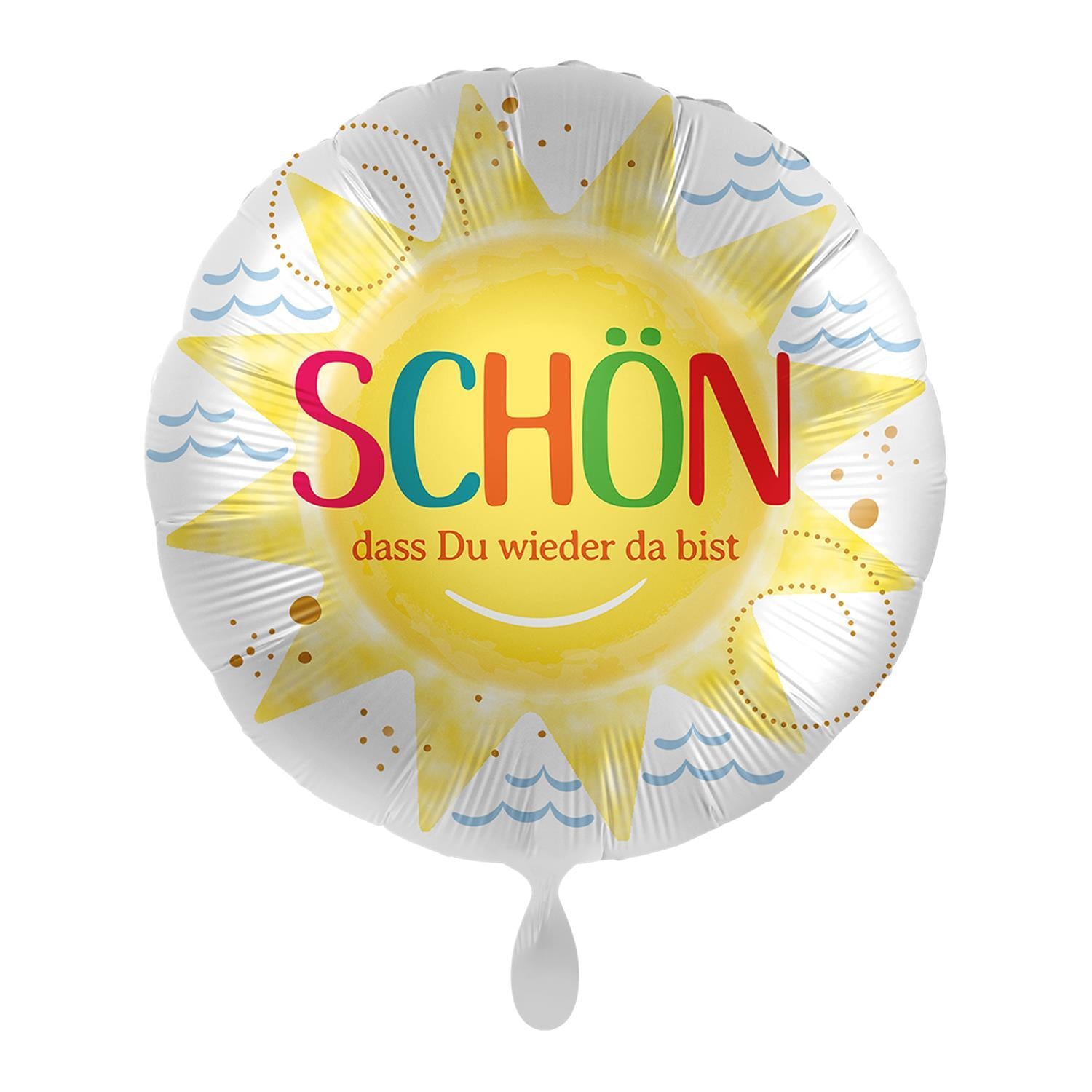 Hochwertiger Folienballon Schön dass Du wieder da bist rund, mit Sonne und Wasser Ø 43 cm