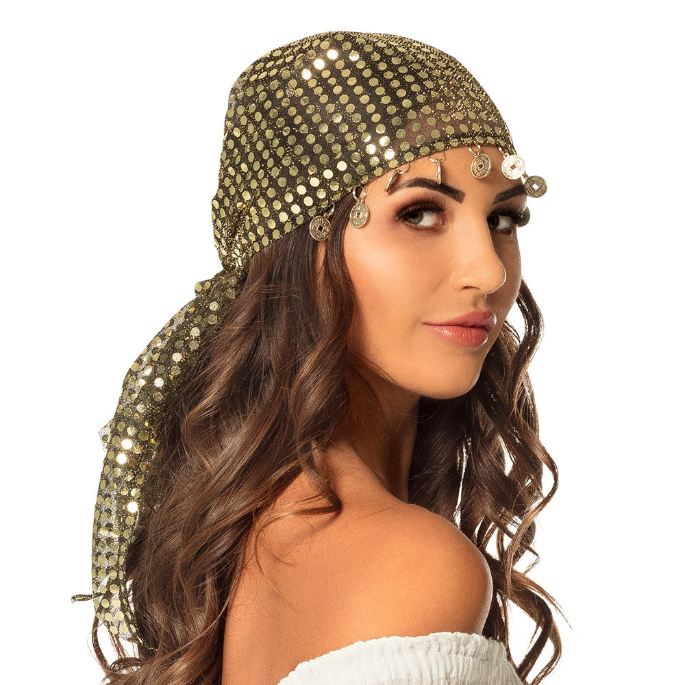 Kopftuch Bauchtänzerin Gold Bandana mit Pailletten Münzen