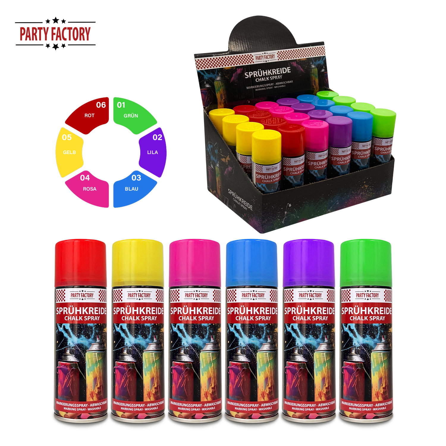 Kreidespray 100 ml abwaschbar Sprühkreide in grün, rot, blau lila und pink 2