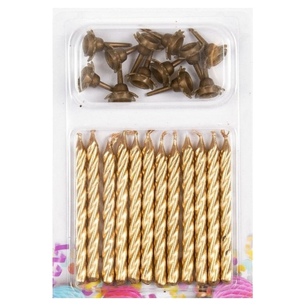 Kuchen-Kerzen gold 12 Stk. mit 12 Stk. Halter 0,5 x 6