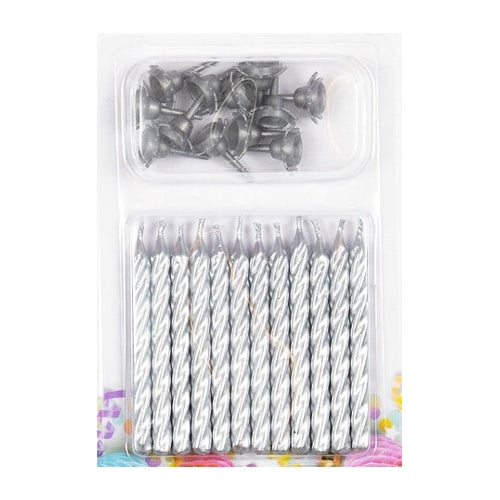 Kuchen-Kerzen silber 12 Stk. mit Halter