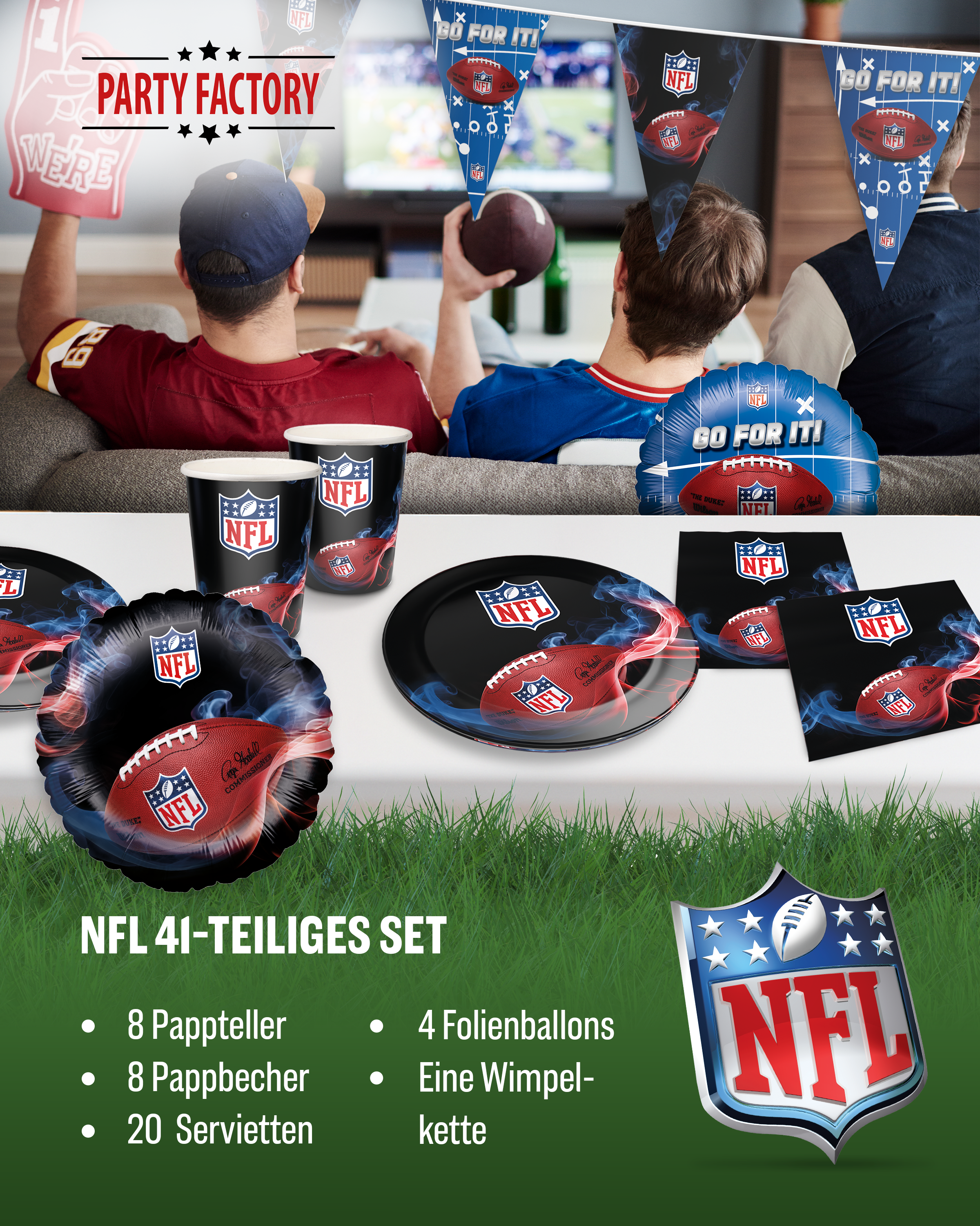 NFL Party Set Schwarz 37tlg Teller Becher Servietten Wimpelkette Ballons 2