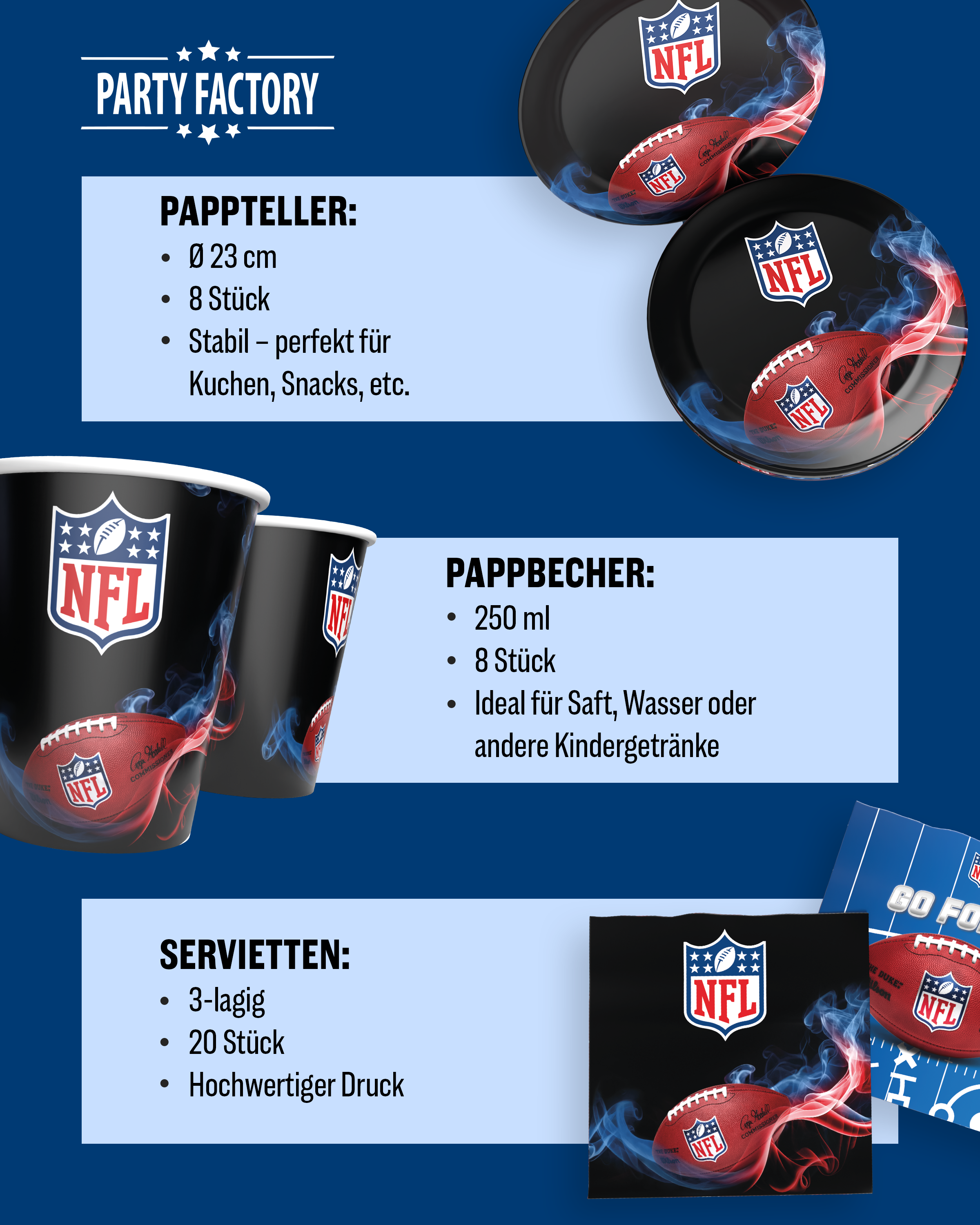 NFL Party Set Schwarz 37tlg Teller Becher Servietten Wimpelkette Ballons 4