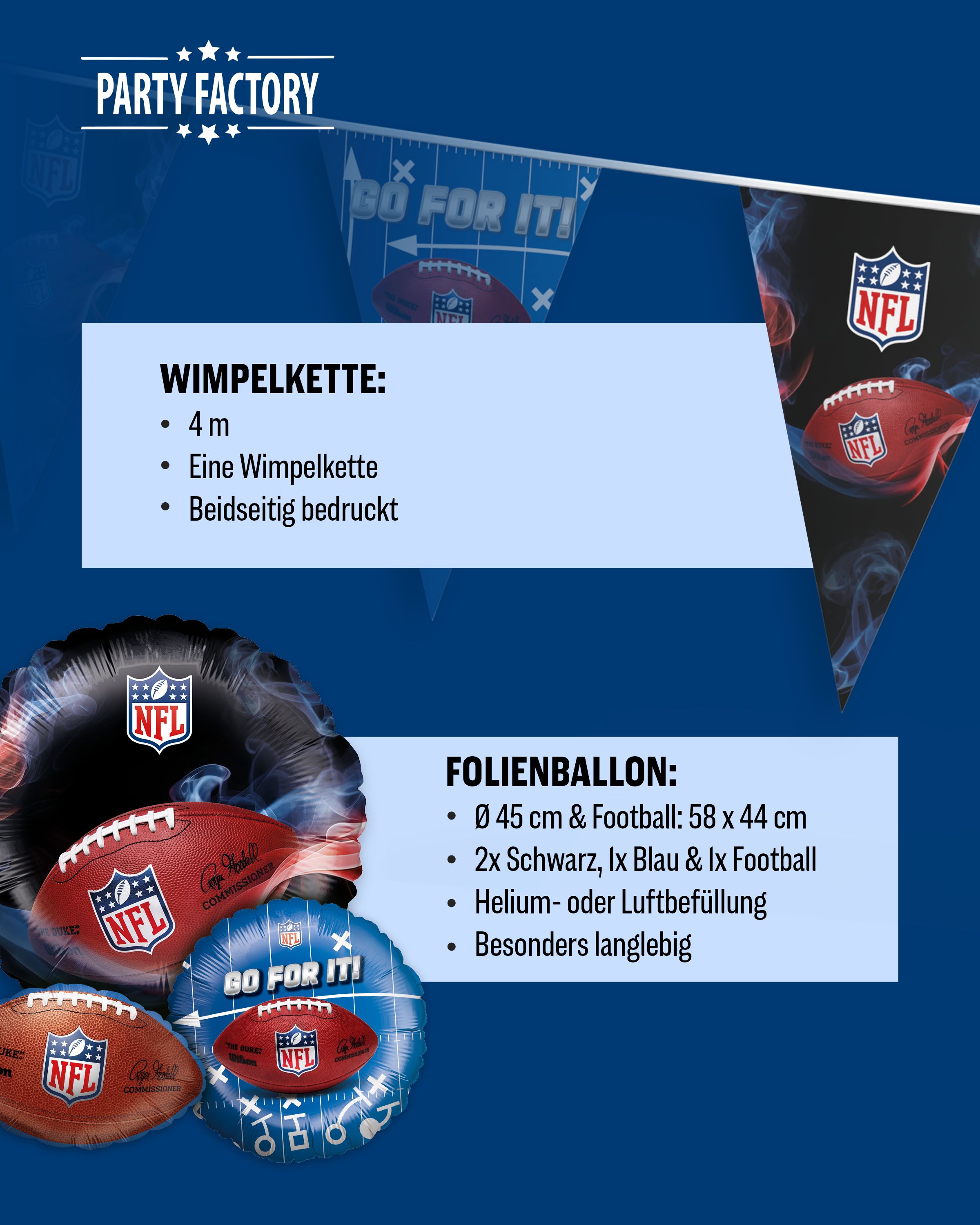 NFL Party Set Schwarz 37tlg Teller Becher Servietten Wimpelkette Ballons 5