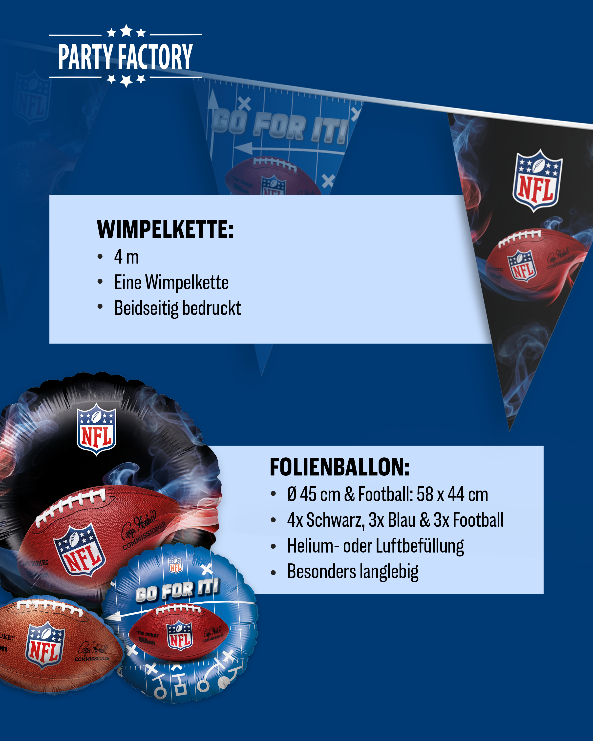 NFL Party Set Schwarz 43tlg  Ballons Teller Becher Servietten Wimpel 5