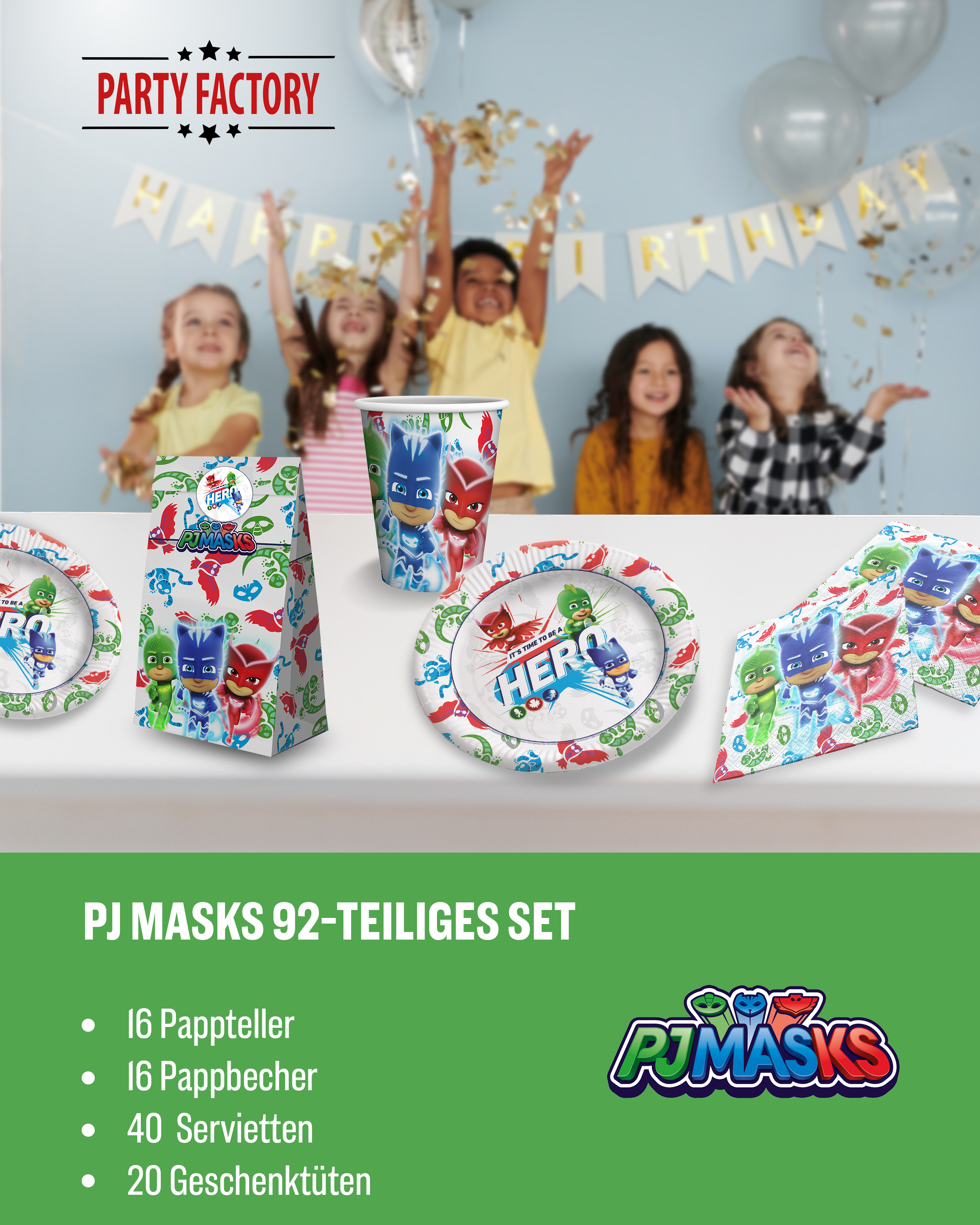 PJ Masks Party Set 92tlg mit doppelten Tellern Bechern Servietten Tüten 2