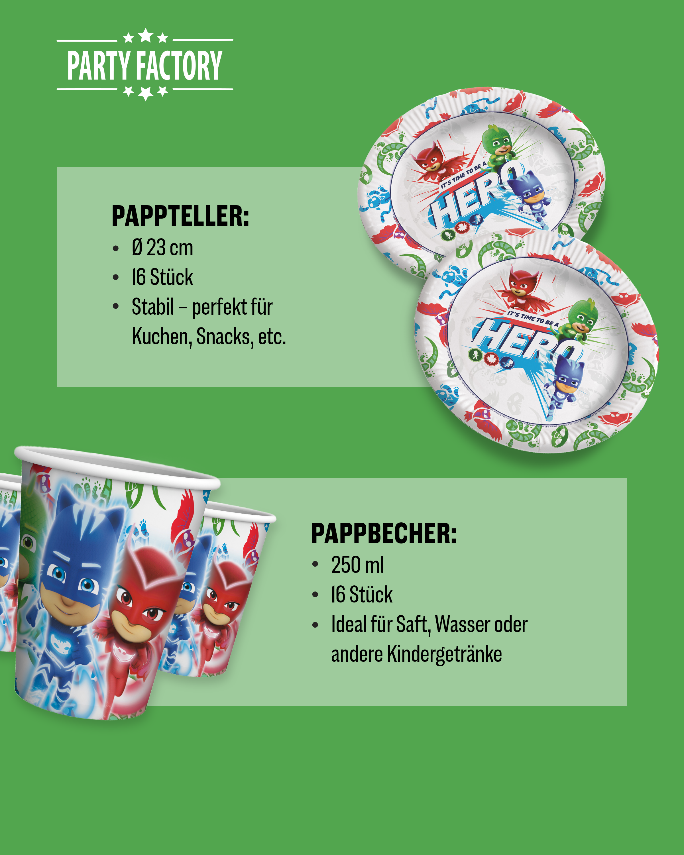 PJ Masks Party Set 92tlg mit doppelten Tellern Bechern Servietten Tüten 4
