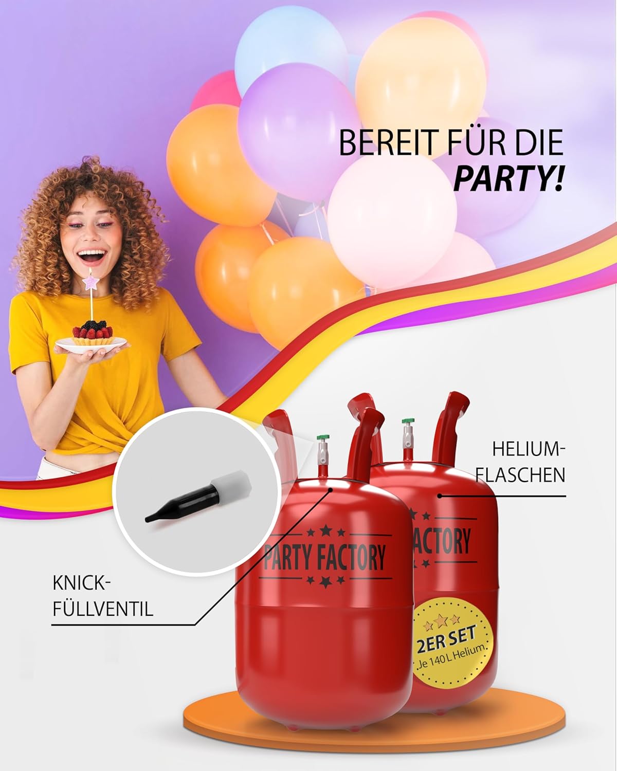 Party Factory Set mit 2 Heliumflaschen für je 20 Ballons, je 140l Gasfüllung für Party-Latex- Folienballons 4
