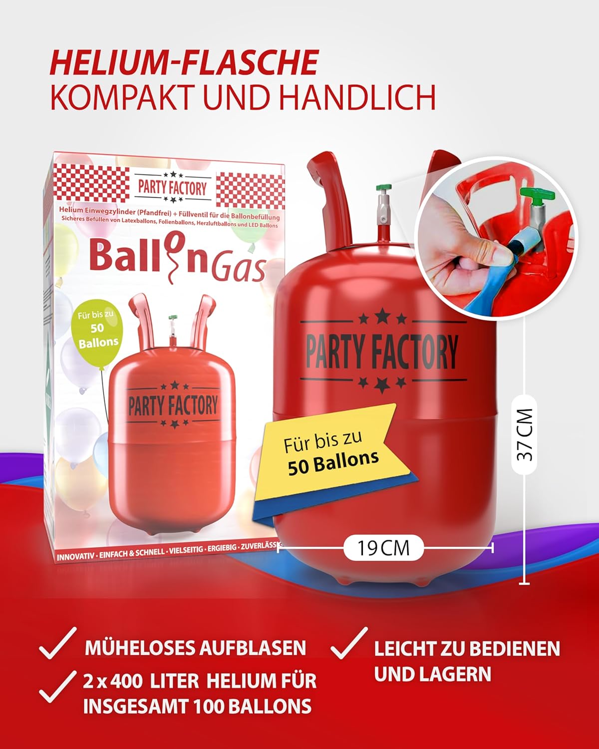 Party Factory Set mit 2 Heliumflaschen für je 50 Ballons, je 400l Gasfüllung für Party-Latex-, Folienballons 5