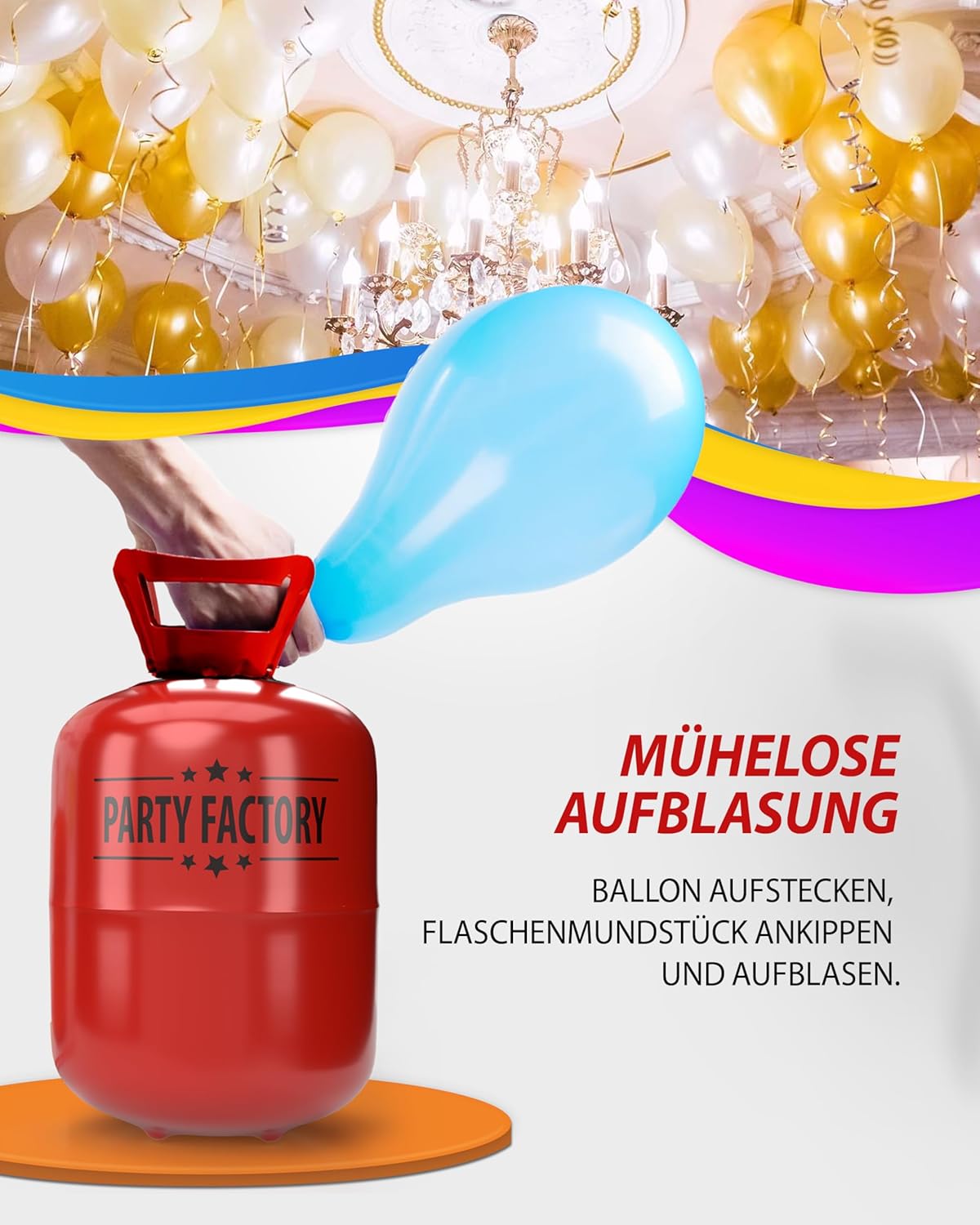 Party Factory Set mit 2 Heliumflaschen für je 50 Ballons, je 400l Gasfüllung für Party-Latex-, Folienballons 7