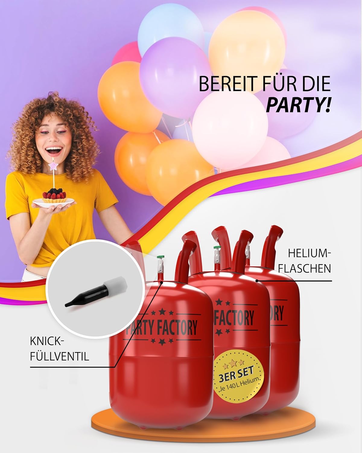 Party Factory Set mit 3 Heliumflaschen für je 20 Ballons  je 140l Gasfüllung für Party-Latex- Folienballons 4