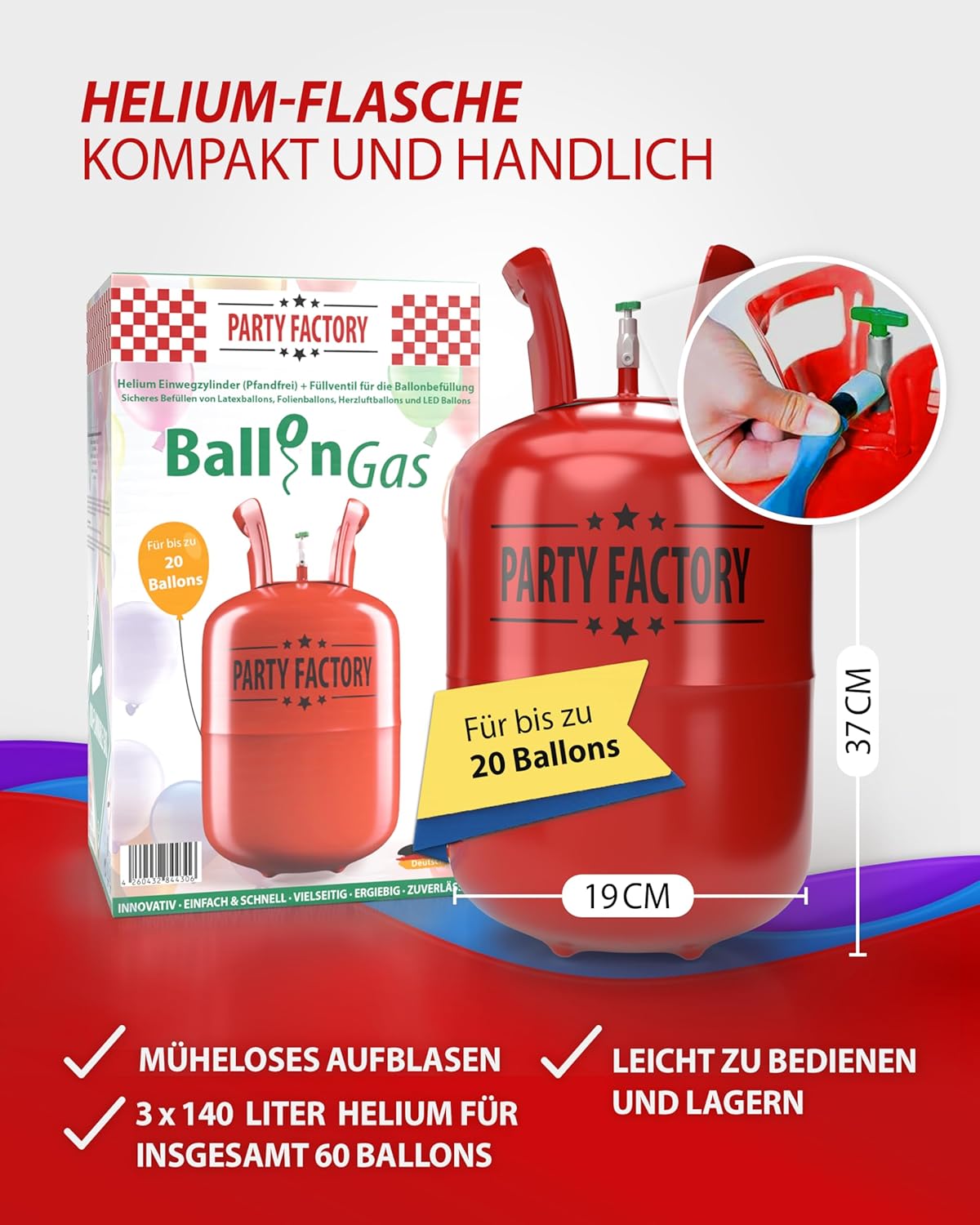 Party Factory Set mit 3 Heliumflaschen für je 20 Ballons  je 140l Gasfüllung für Party-Latex- Folienballons 5