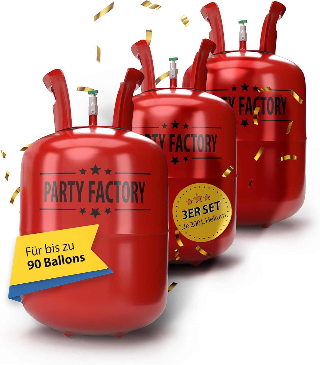 Party Factory Set mit 3 Heliumflaschen für je 30 Ballons, je 200l Gasfüllung für Party-Latex-, Folienballons 2
