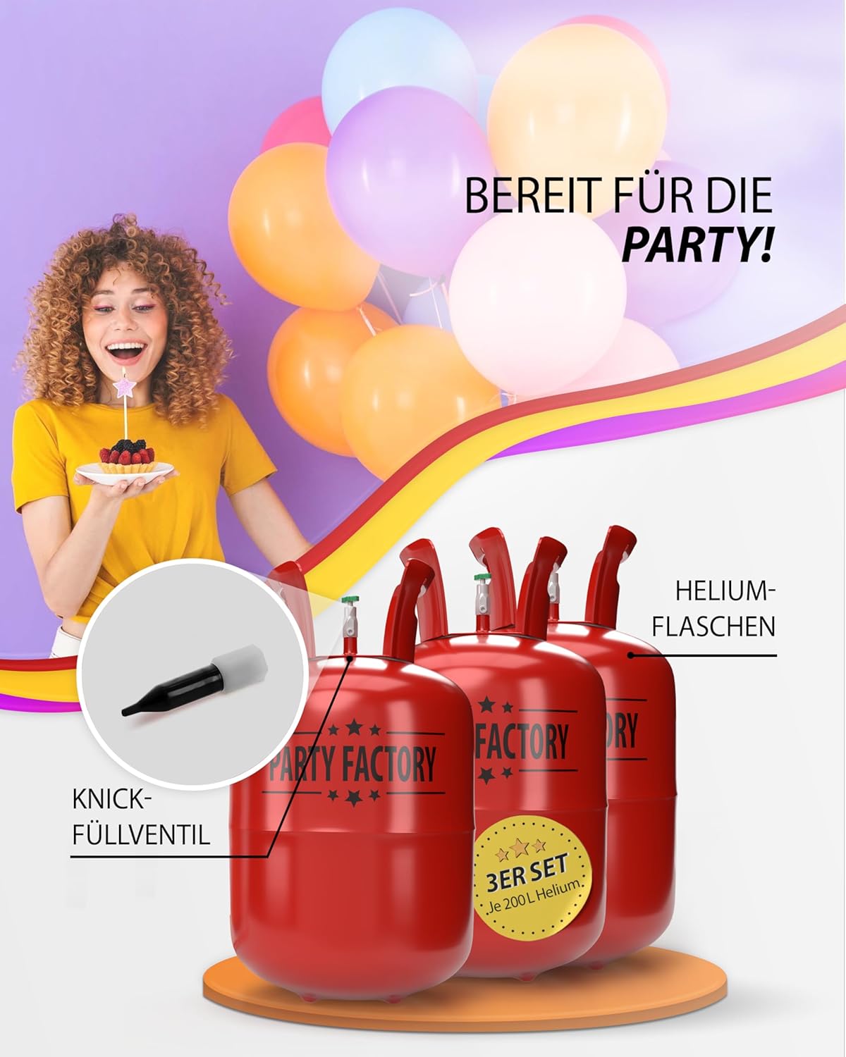 Party Factory Set mit 3 Heliumflaschen für je 30 Ballons, je 200l Gasfüllung für Party-Latex-, Folienballons 4