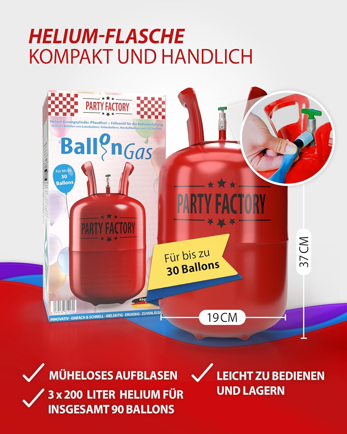 Party Factory Set mit 3 Heliumflaschen für je 30 Ballons, je 200l Gasfüllung für Party-Latex-, Folienballons 5