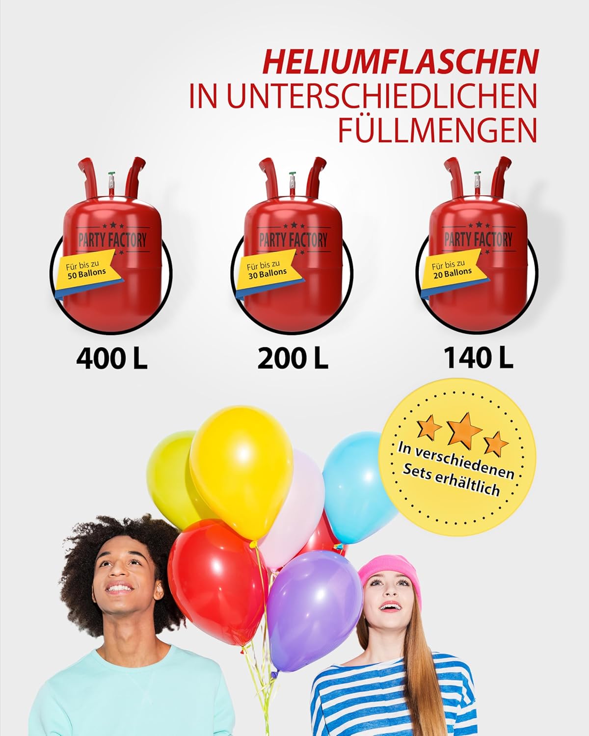 Party Factory Set mit 3 Heliumflaschen für je 30 Ballons, je 200l Gasfüllung für Party-Latex-, Folienballons 6