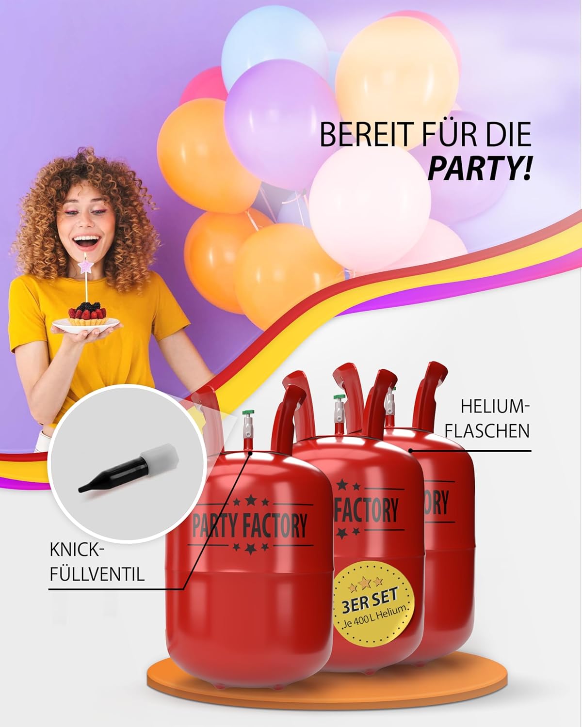 Party Factory Set mit 3 Heliumflaschen für je 50 Ballons, je 400l Gasfüllung für Party-Latex-. Folienballons 4