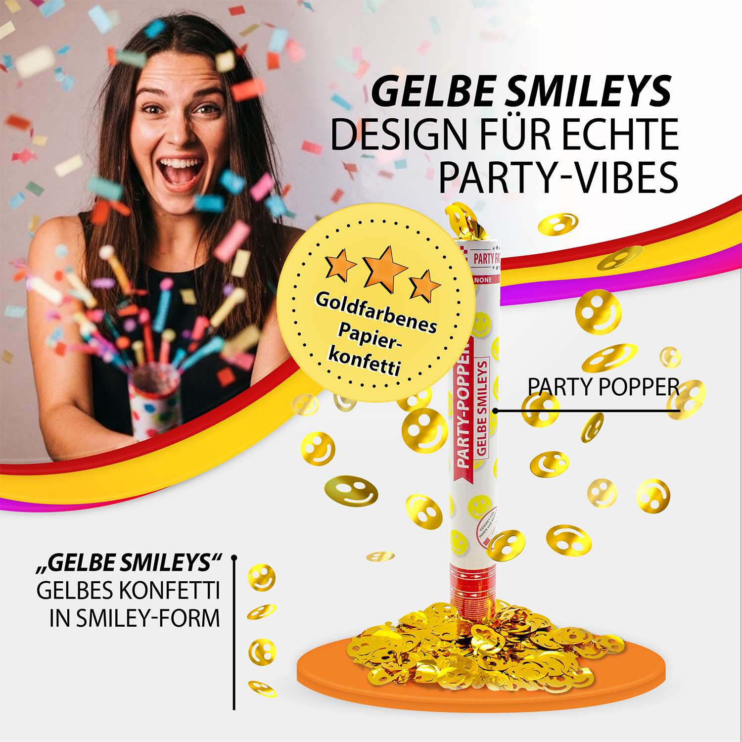 Party Popper 40 cm Gelbe Smileys 12er Set 3