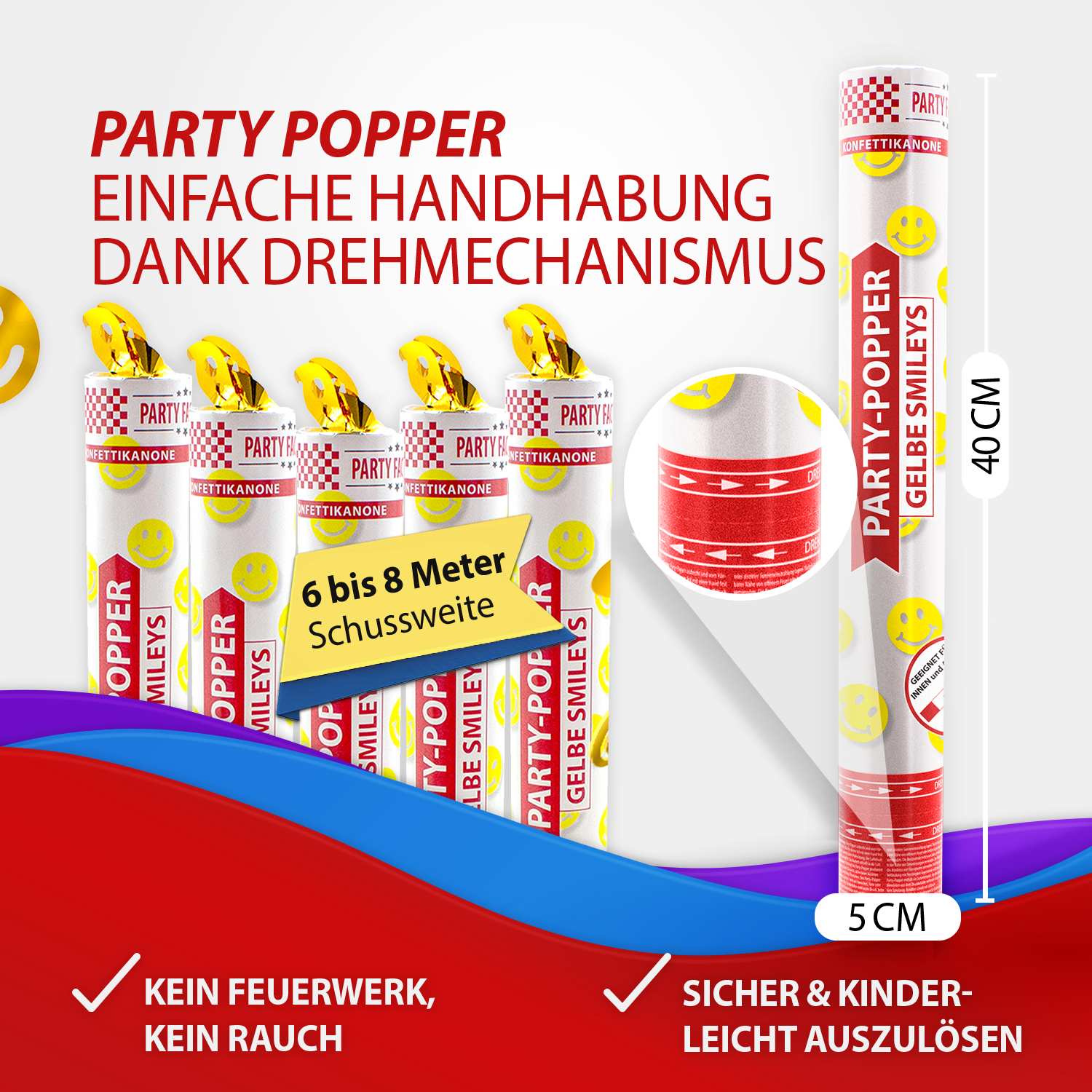 Party Popper 40 cm Gelbe Smileys 12er Set 4