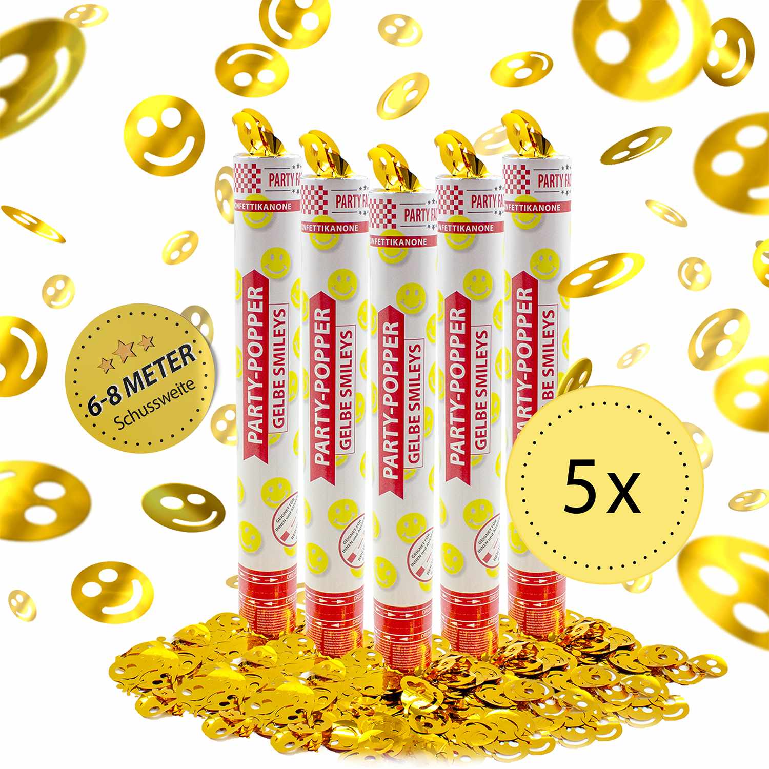 Party Popper 40 cm Gelbe Smileys 5er Set