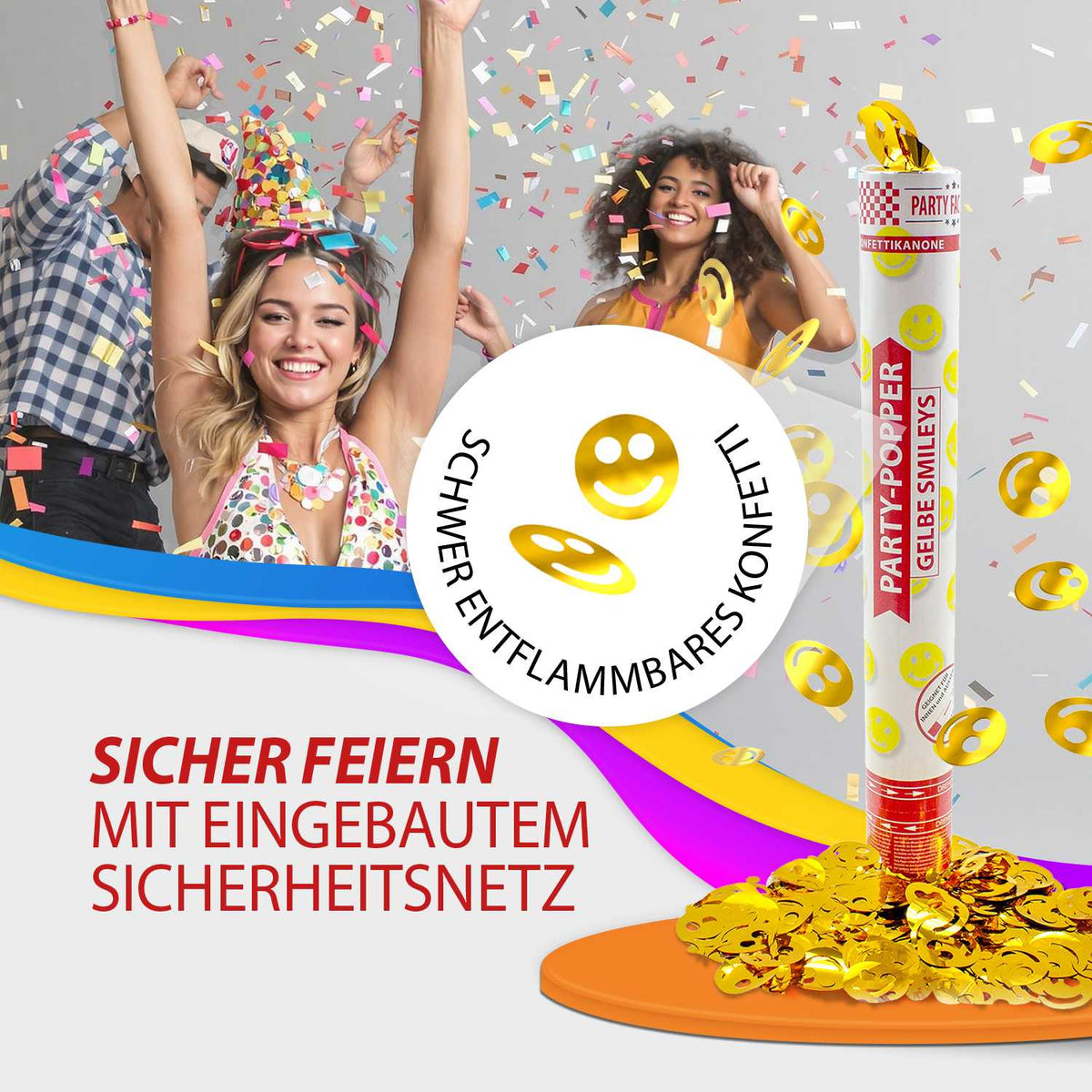 Party Popper 40 cm Gelbe Smileys 5er Set 6