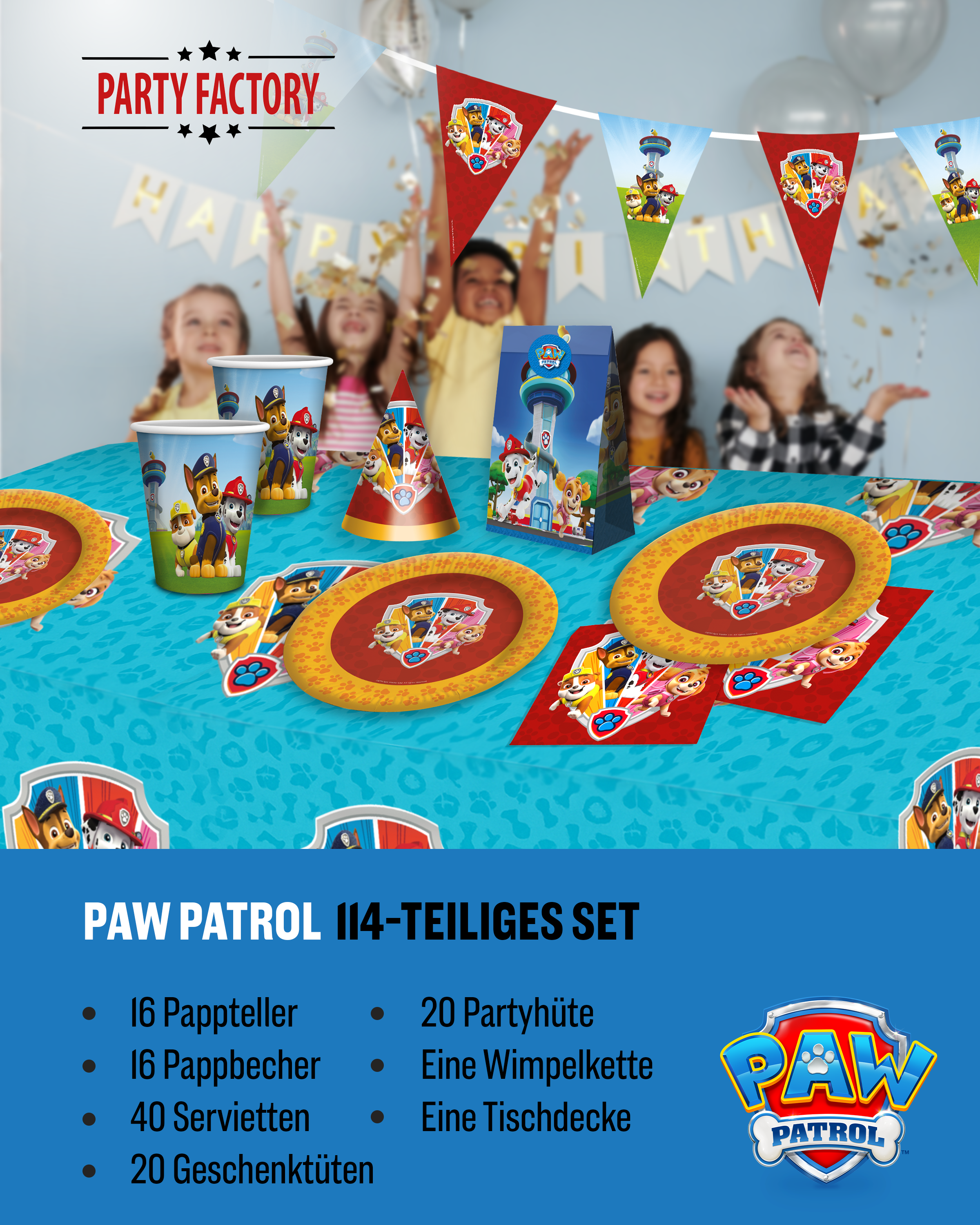 Paw Patrol Party Set 114tlg Tischdecke Wimpelkette Partyhüten Tüten 2