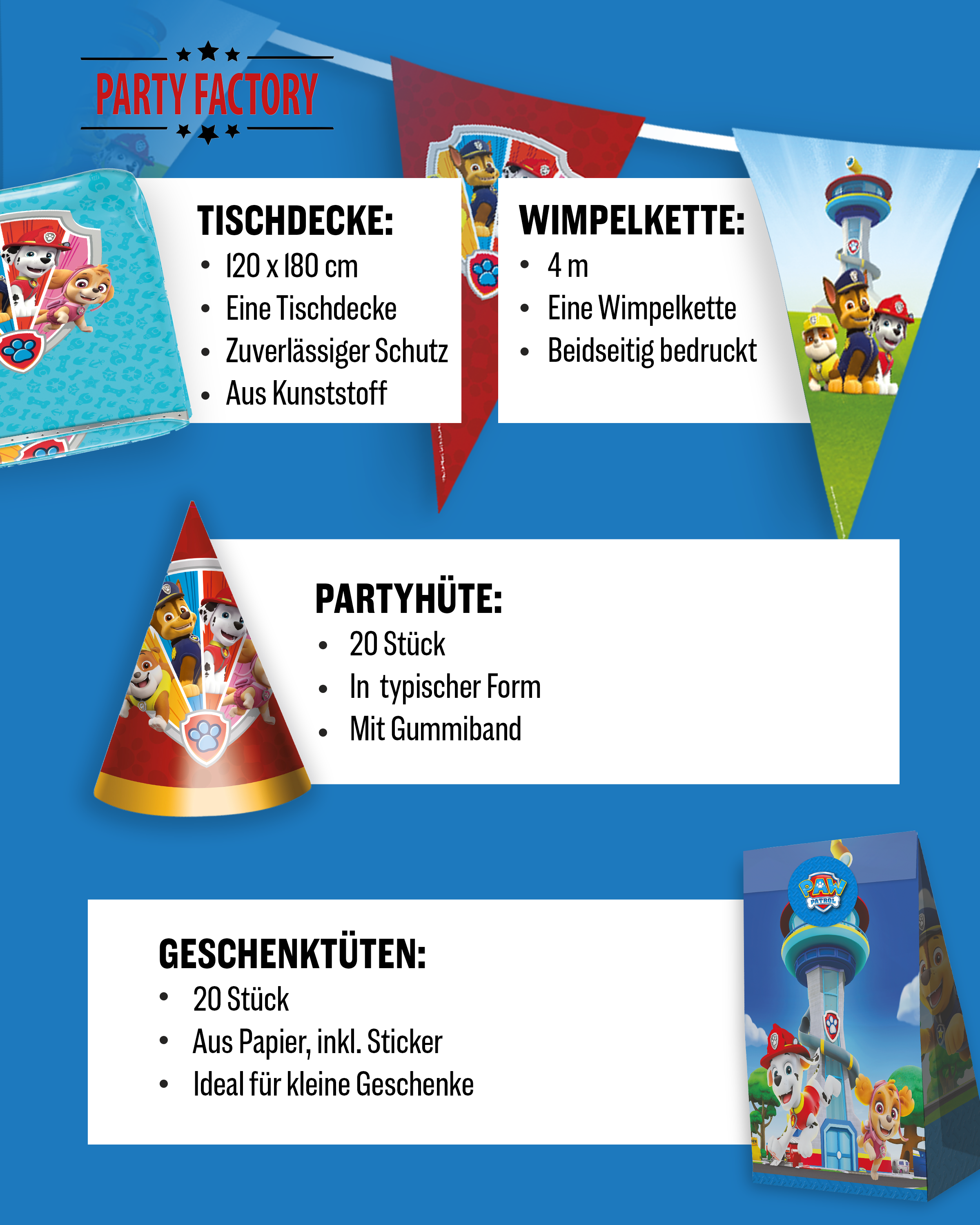 Paw Patrol Party Set 114tlg Tischdecke Wimpelkette Partyhüten Tüten 5