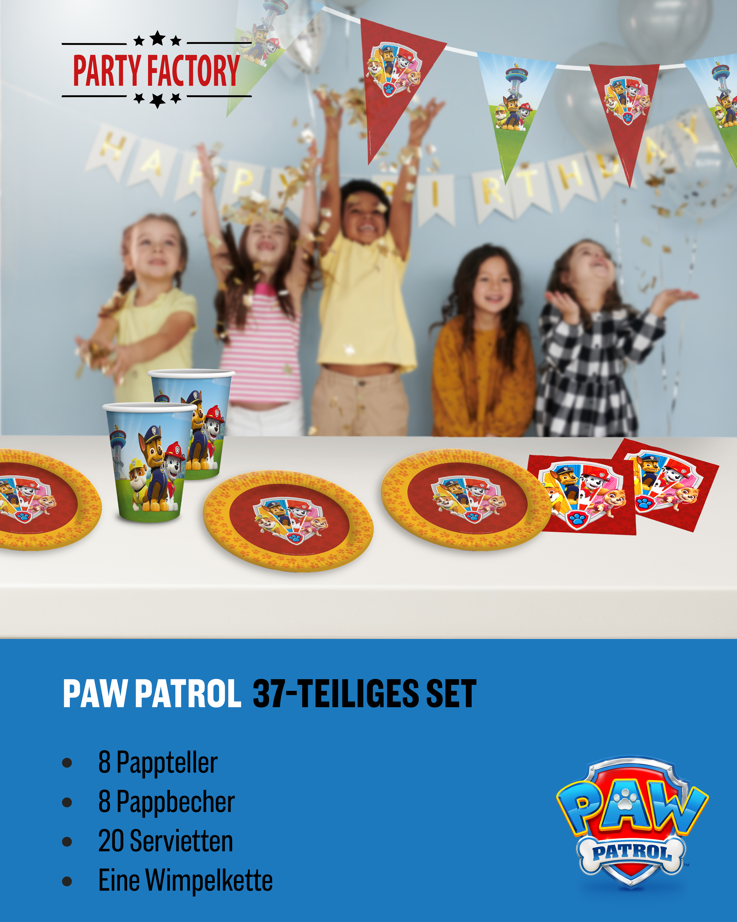 Paw Patrol Party Set 37tlg mit Tellern Bechern Servietten und Wimpelkette 4