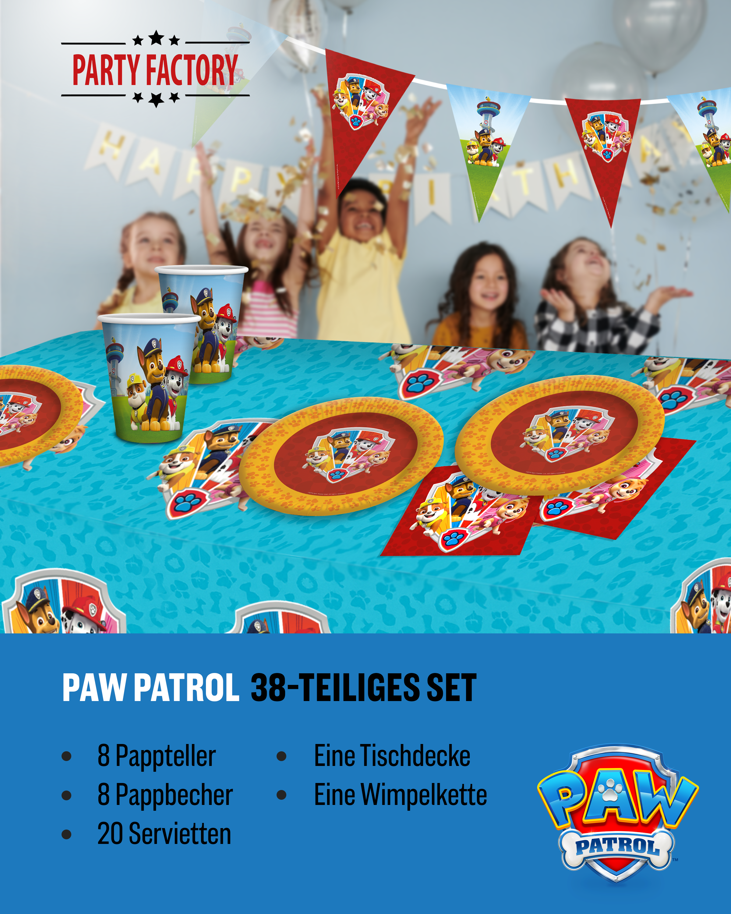 Paw Patrol Party Set 38tlg Teller Becher Servietten Wimpelkette Tischdecke 4