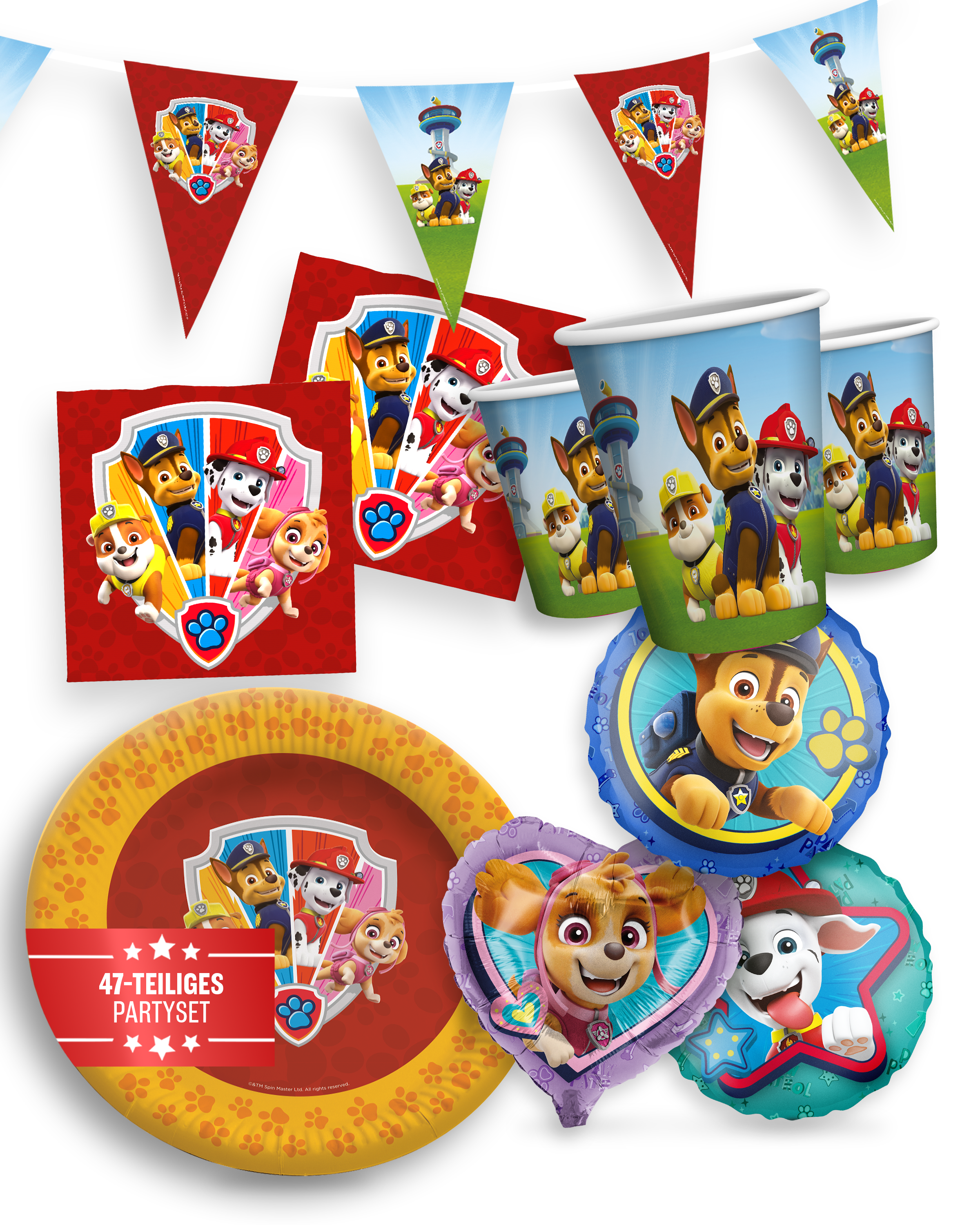 Paw Patrol Party Set 47tlg mit Tellern Bechern Servietten Wimpelkette Ballons