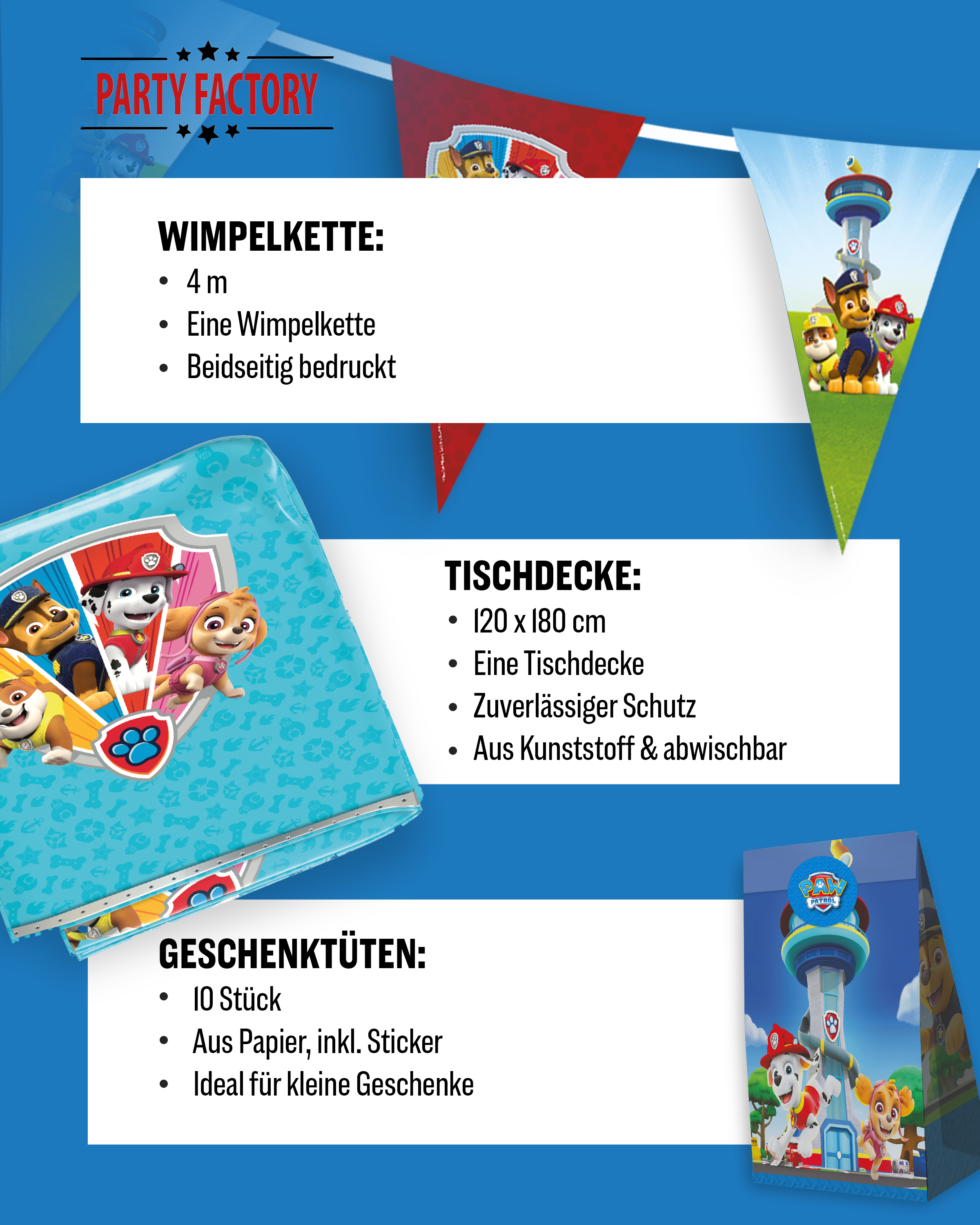 Paw Patrol Party Set 48tlg Tischdecke Wimpel Geschenktüten Partygeschirr 2