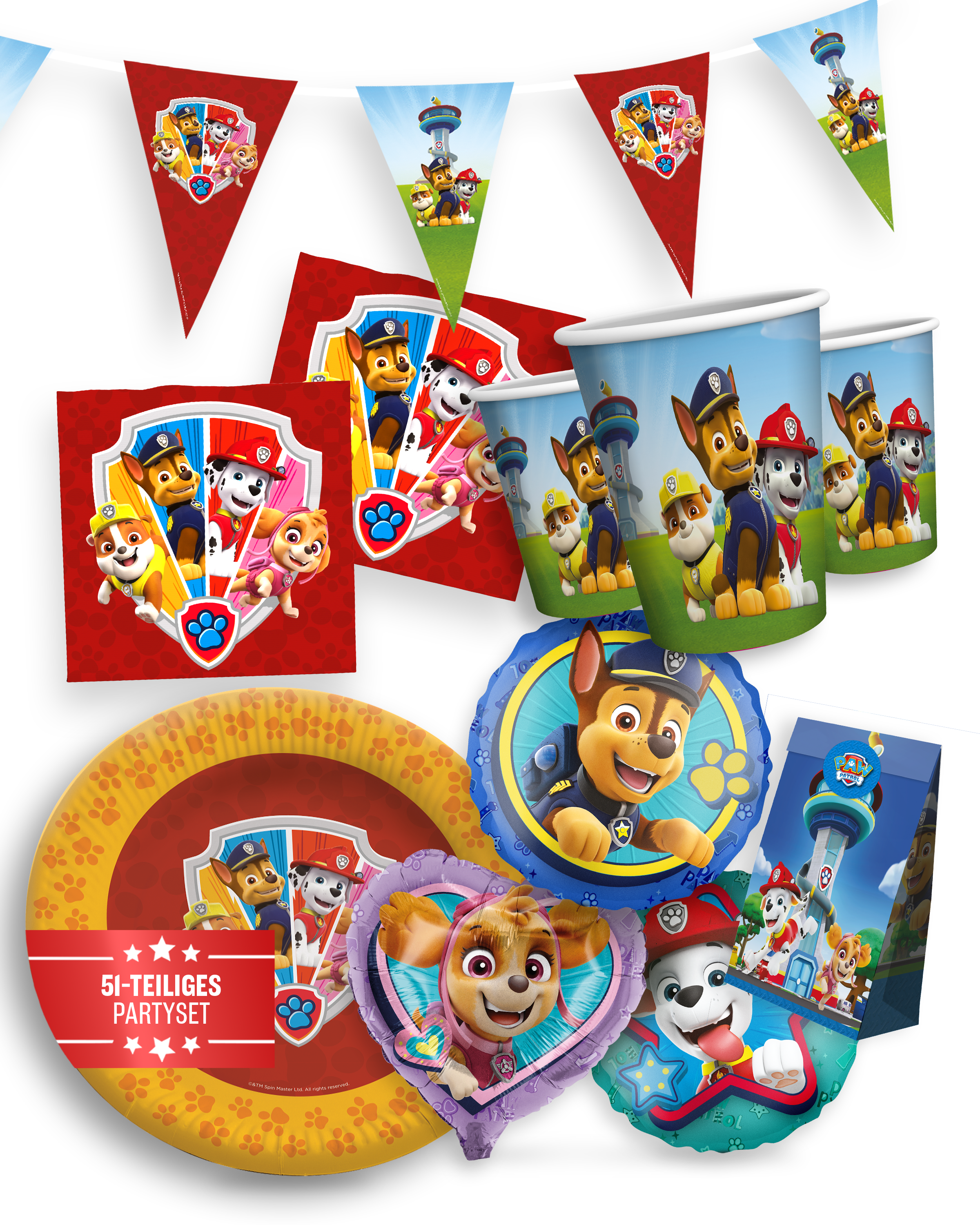 Paw Patrol Party Set 51tlg Wimpelkette Ballons Geschenktüten Partygeschirr 1