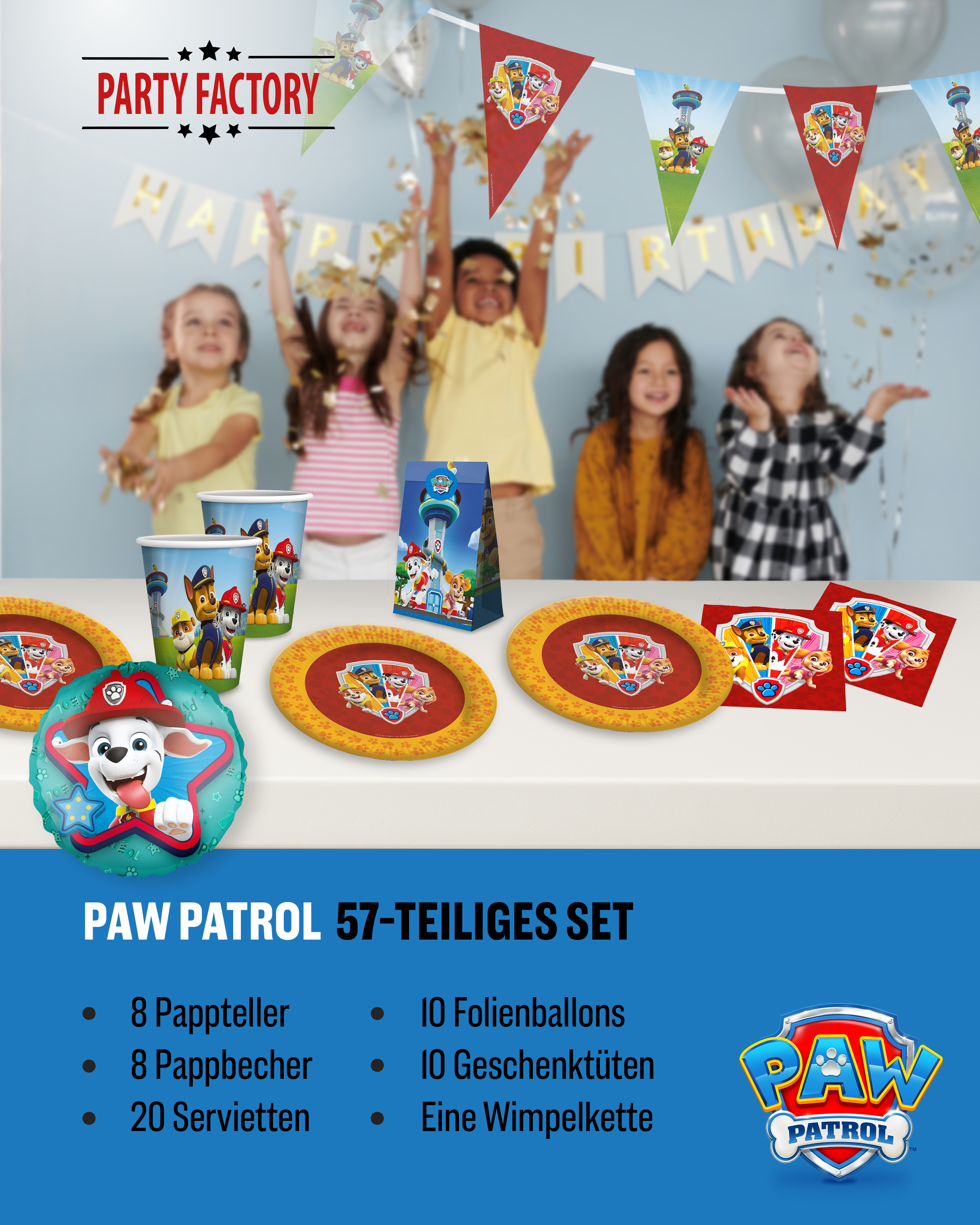 Paw Patrol Party Set 57tlg Wimpelkette Ballons Geschenktüten Partygeschirr 2